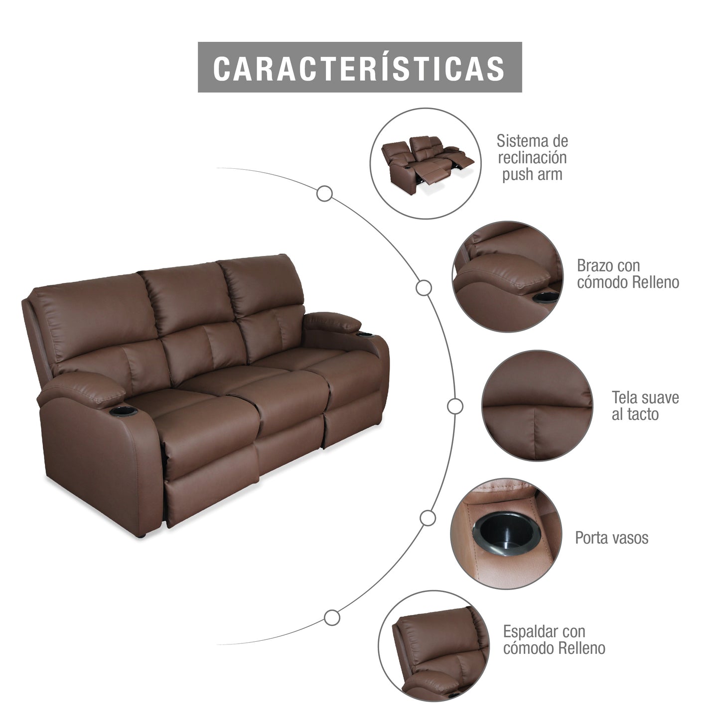 SOFA RECLINABLE AMBER 3 PUESTOS SINTETICO CHOCOLATE