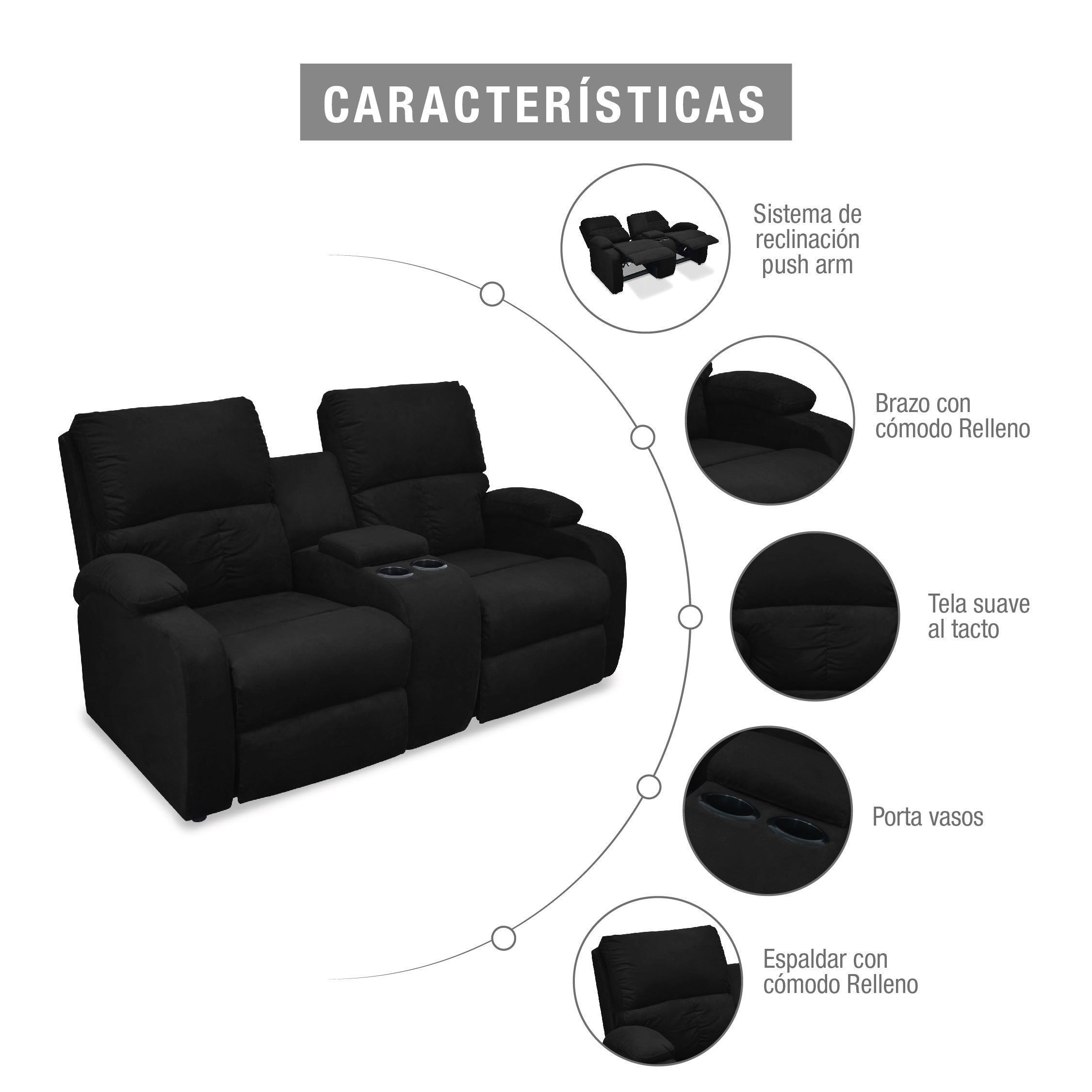 Sofa reclinable amber 2p consola microfibra negro