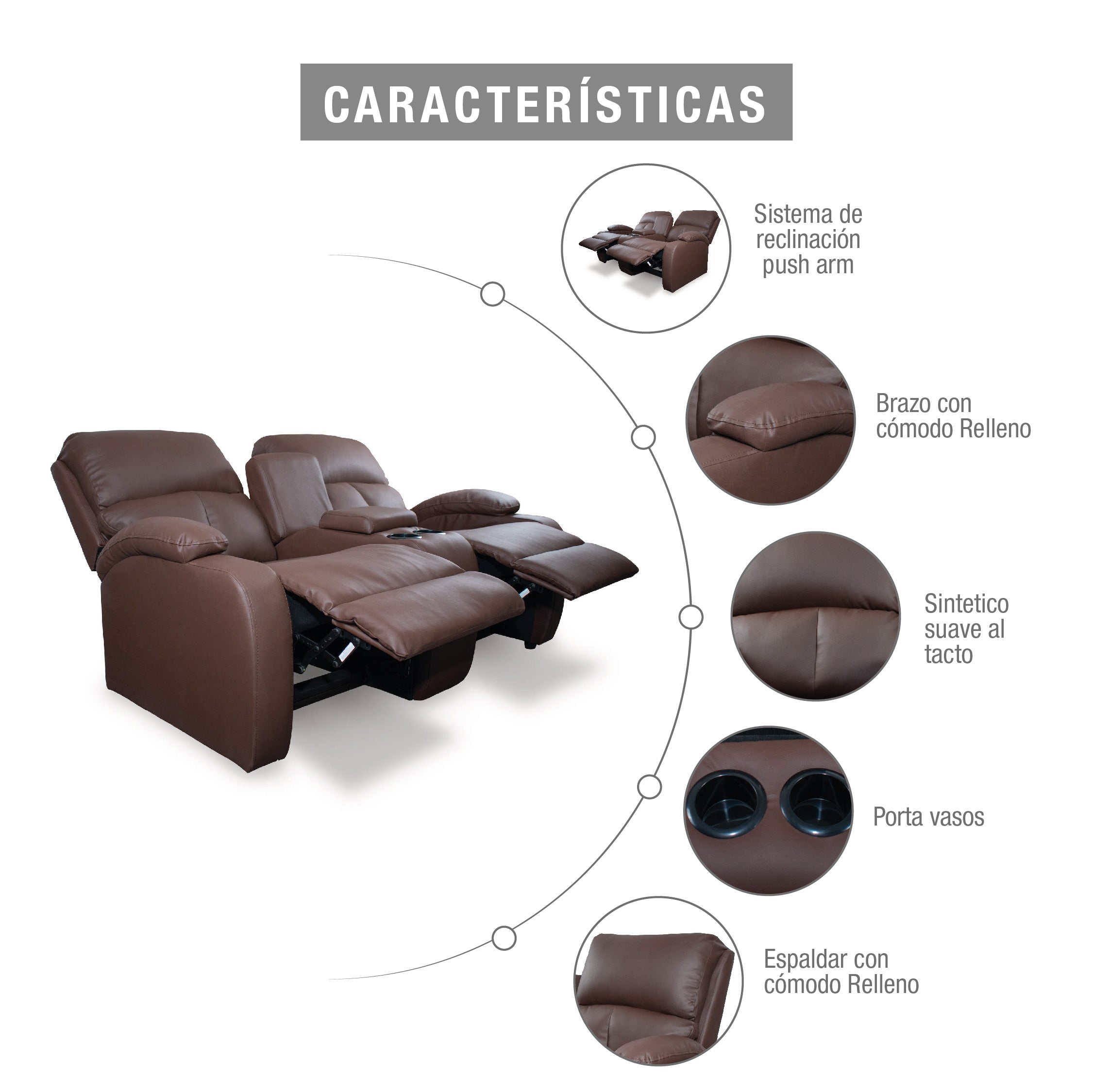 Sofa reclinable amber 2p consola sintetico chocolate