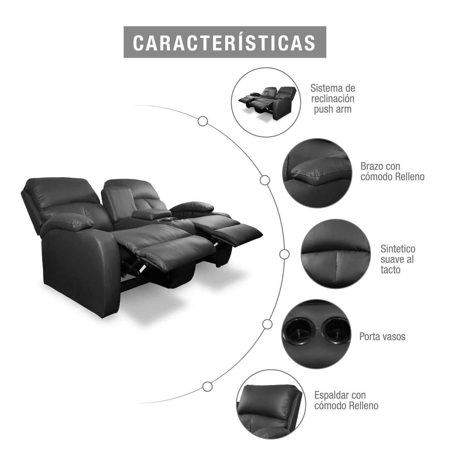SOFA RECLINABLE AMBER 2P CONSOLA SINTETICO NEGRO