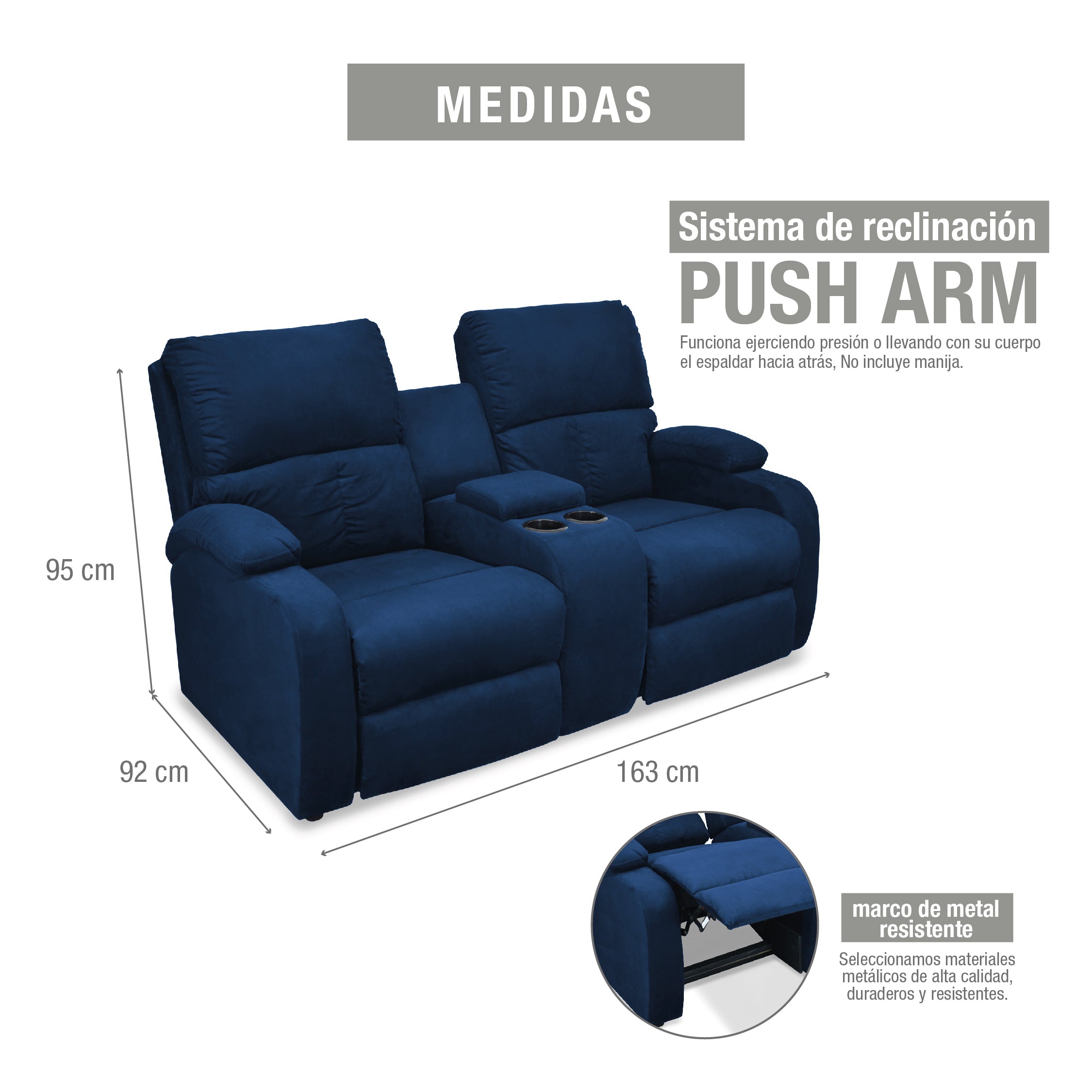 Sofa reclinable amber 2p consola microfibra azul
