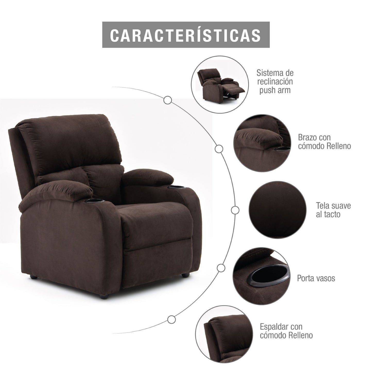 SILLA RECLINABLE AMBER ESTATICA MICROFIBRA CHOCOLATE