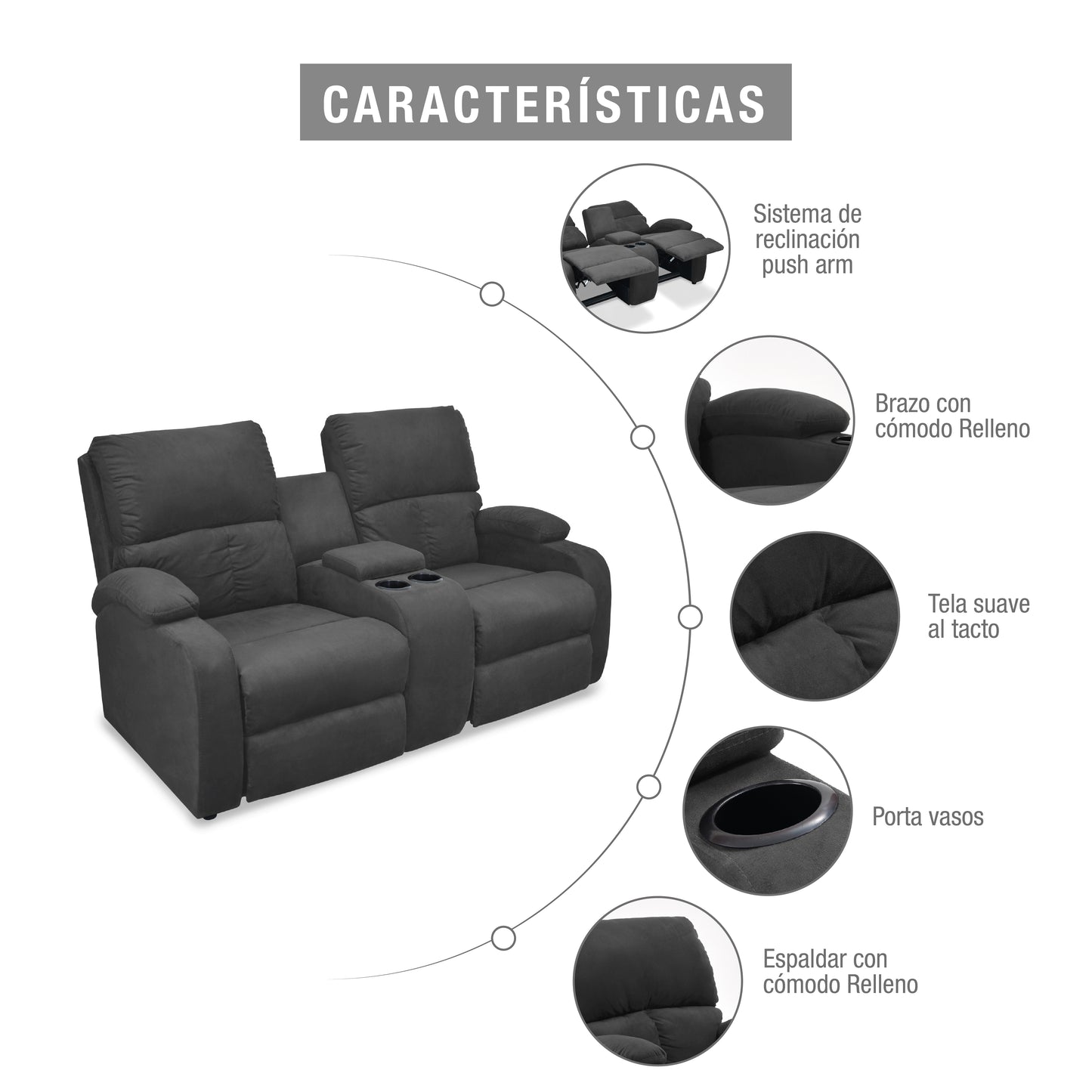 SOFA RECLINABLE AMBER 2P CONSOLA MICROFIBRA GRIS PLOMO