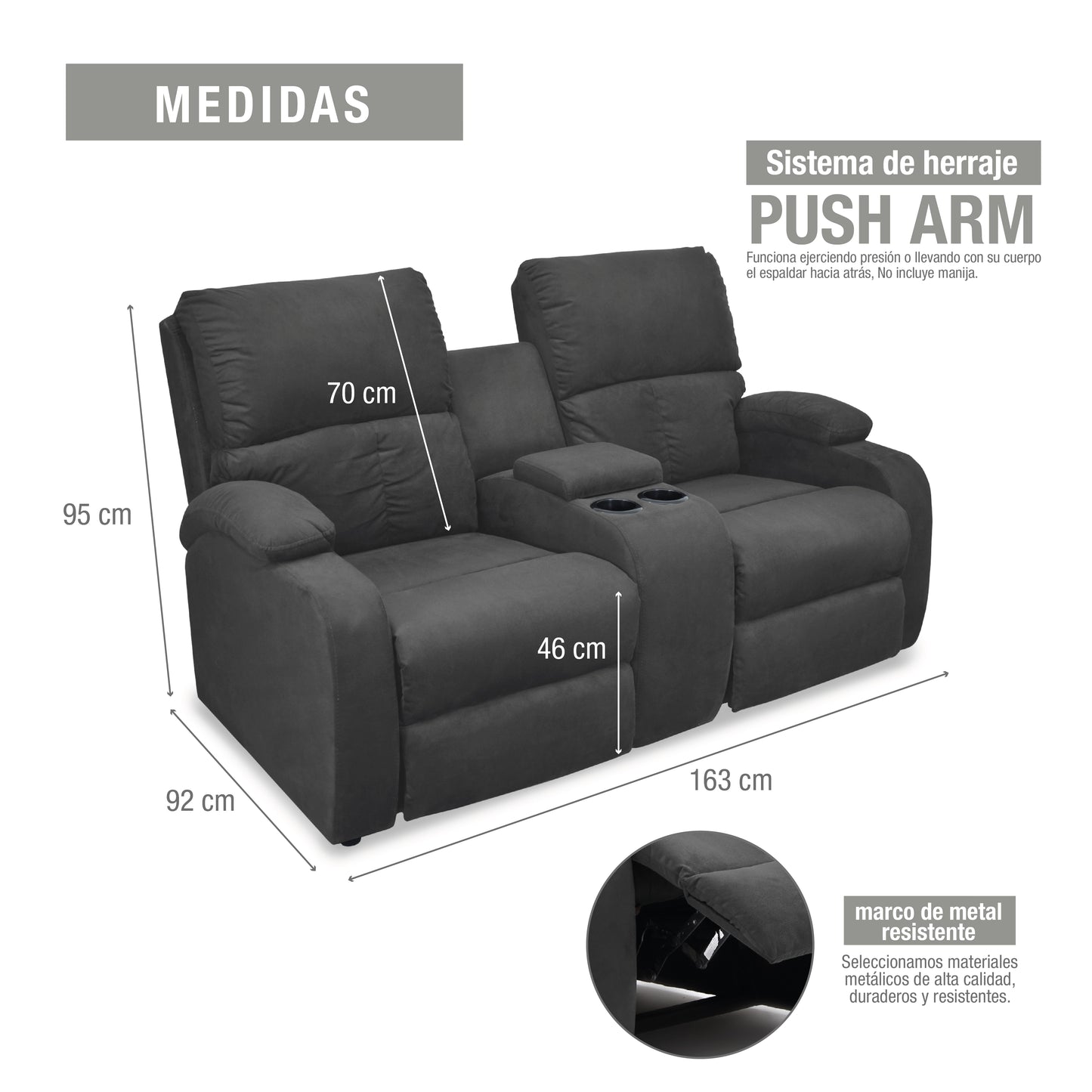 SOFA RECLINABLE AMBER 2P CONSOLA MICROFIBRA GRIS PLOMO