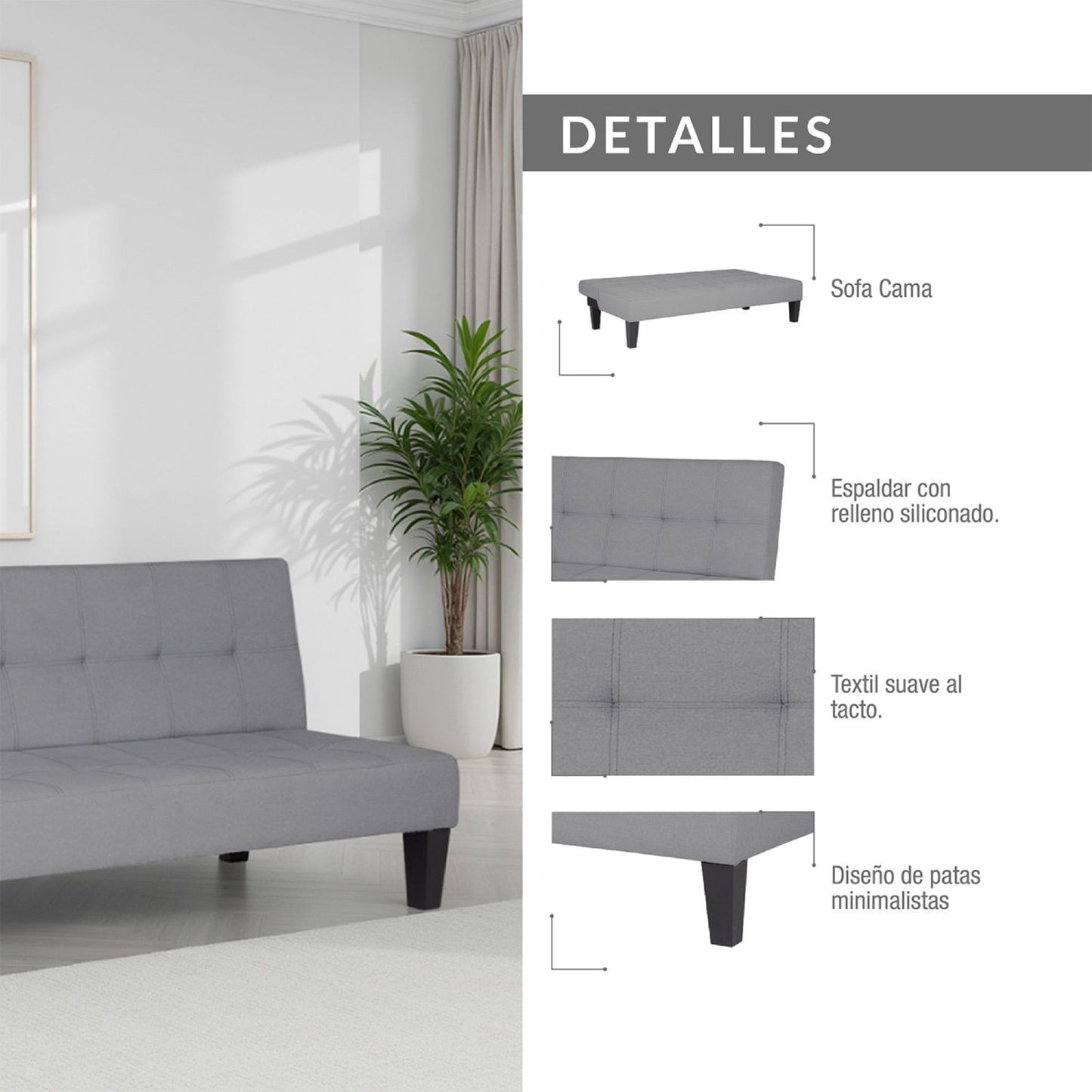 SOFA CAMA ALEK MICROFIBRA PLATA