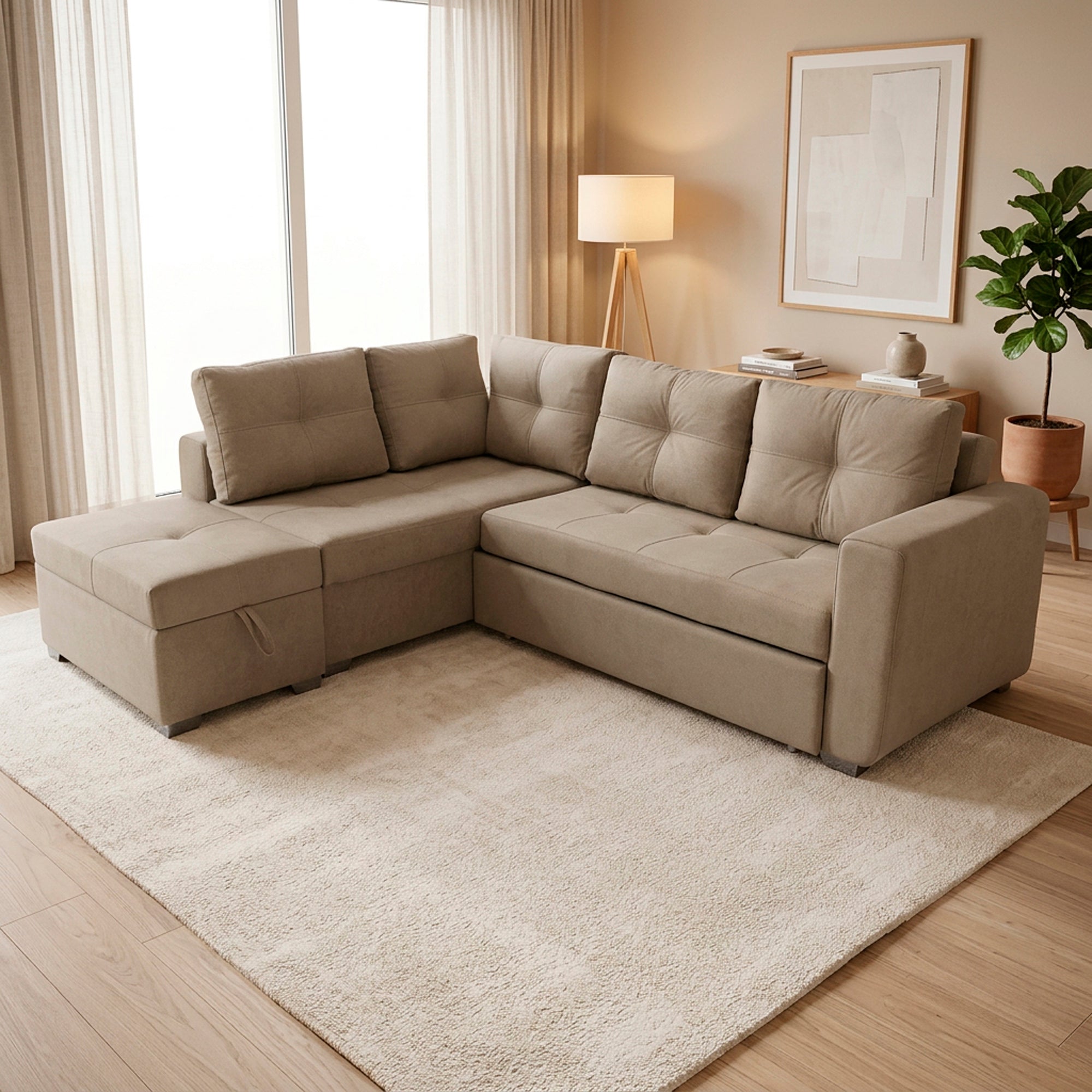 Sala rinconera prime con puff en microfibra camel