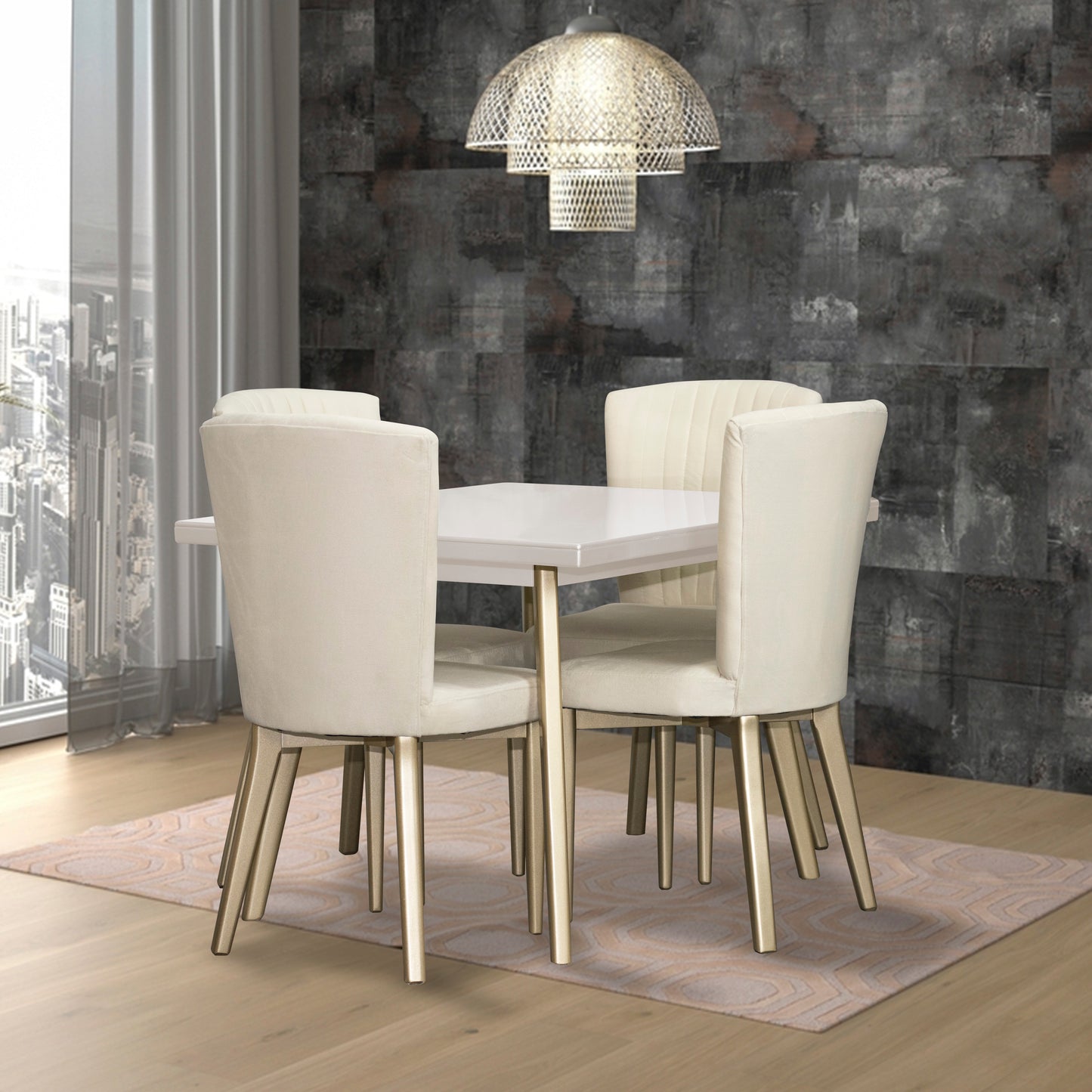 COMEDOR 4 PUESTOS REGINA MICROFIBRA B PERLA CHAMPAÑA CRUDO