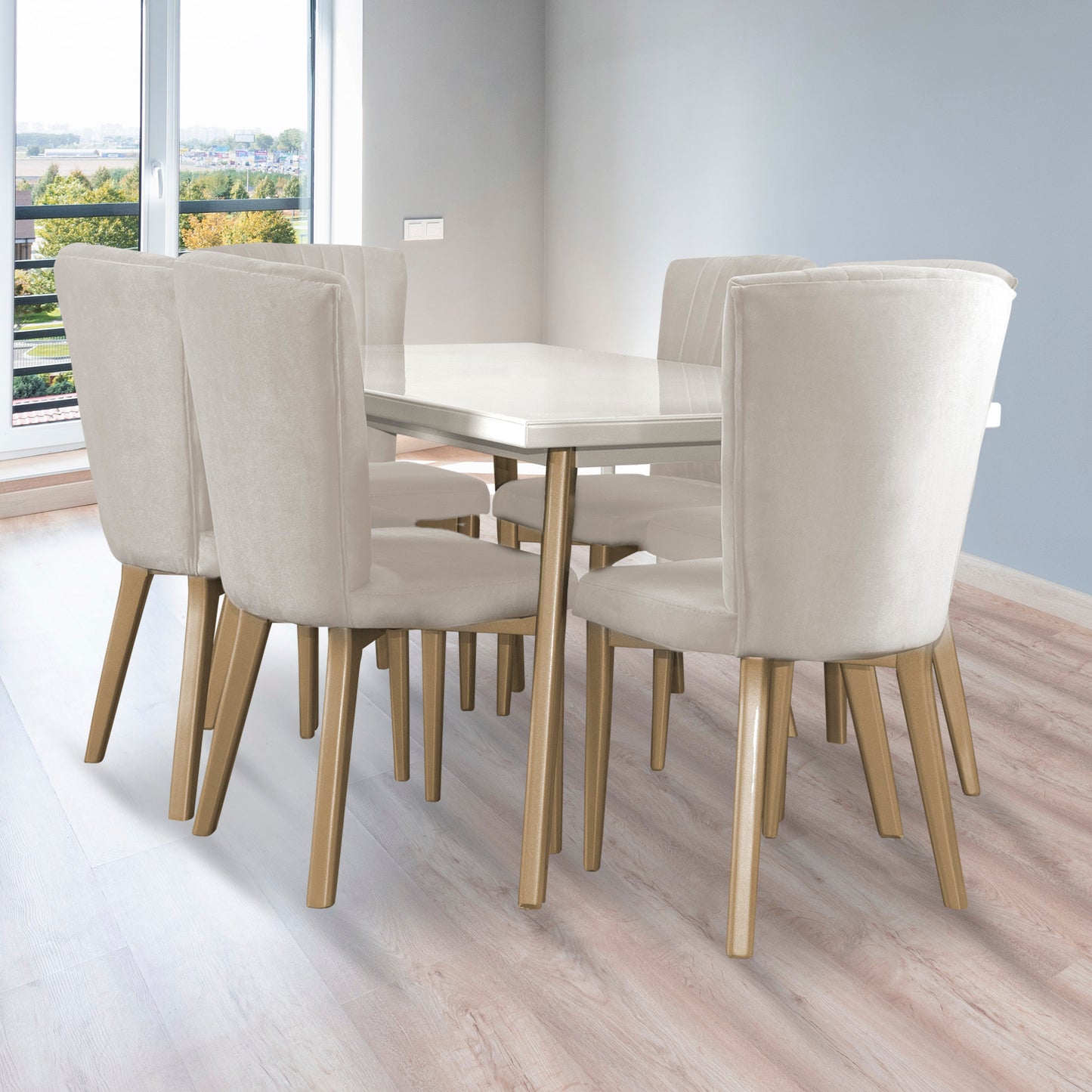 COMEDOR 6 PUESTOS REGINA MICROFIBRA B PERLA CHAMPAÑA CRUDO