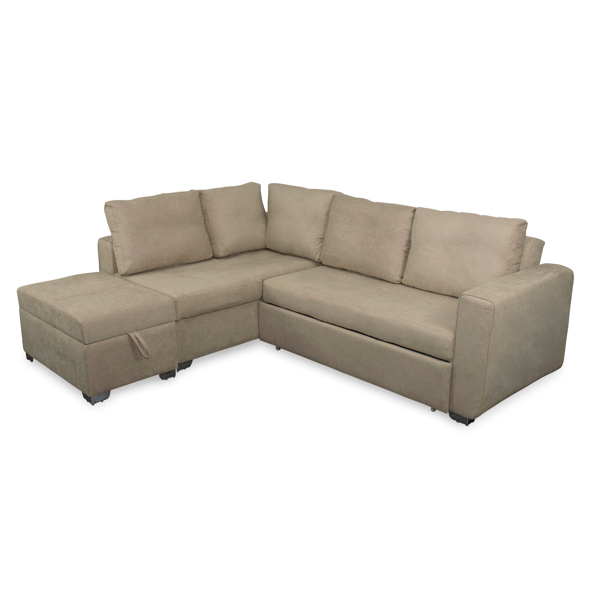Sala rinconera prime con puff en microfibra camel