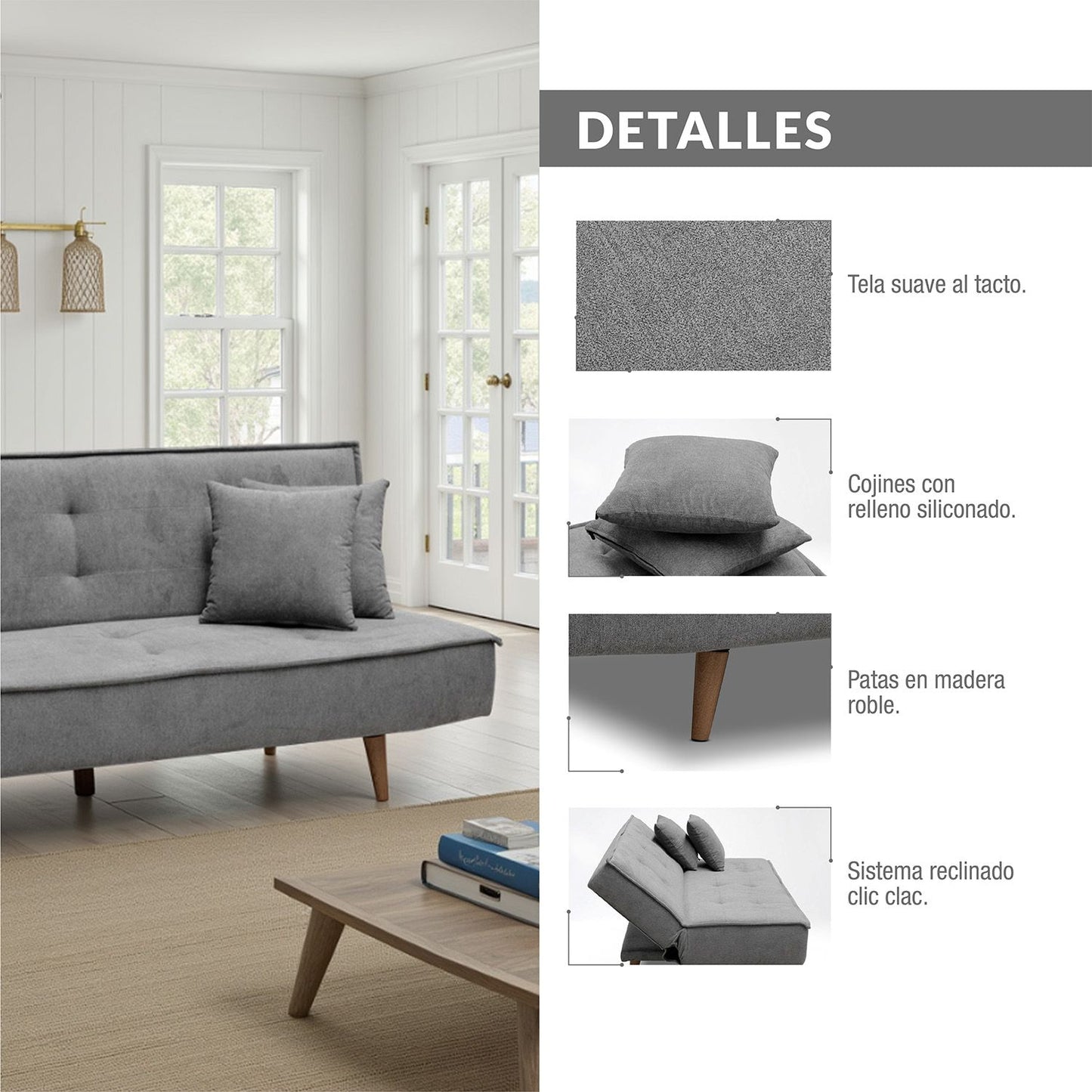 SOFA CAMA BELLINI 2.0 MICROFIBRA PLATA