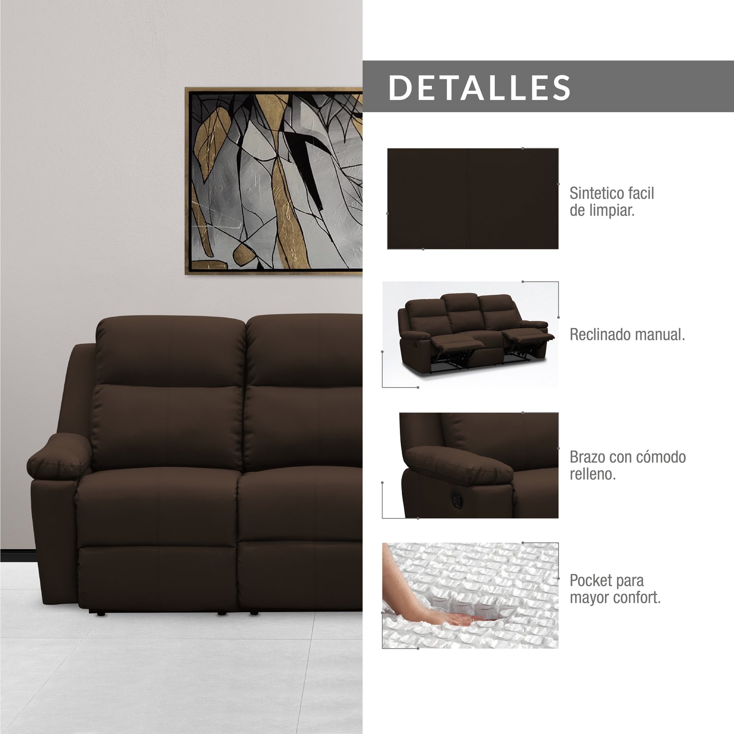 SOFA REC MARSELLA 3 PTOS ESTATICO ROMA CHOCOLATE
