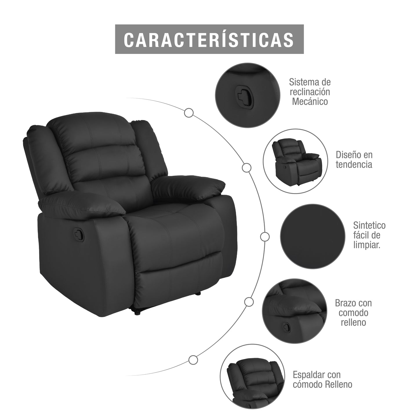 SILLA RECLINABLE DHAKA 1P ESTATICA SINTETICO NEGRO
