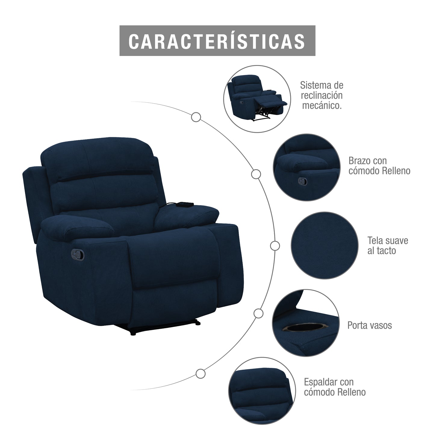 SILLA RECLINABLE ESTATICA HOUSTON CON MASAJE MICROFIBRA AZUL