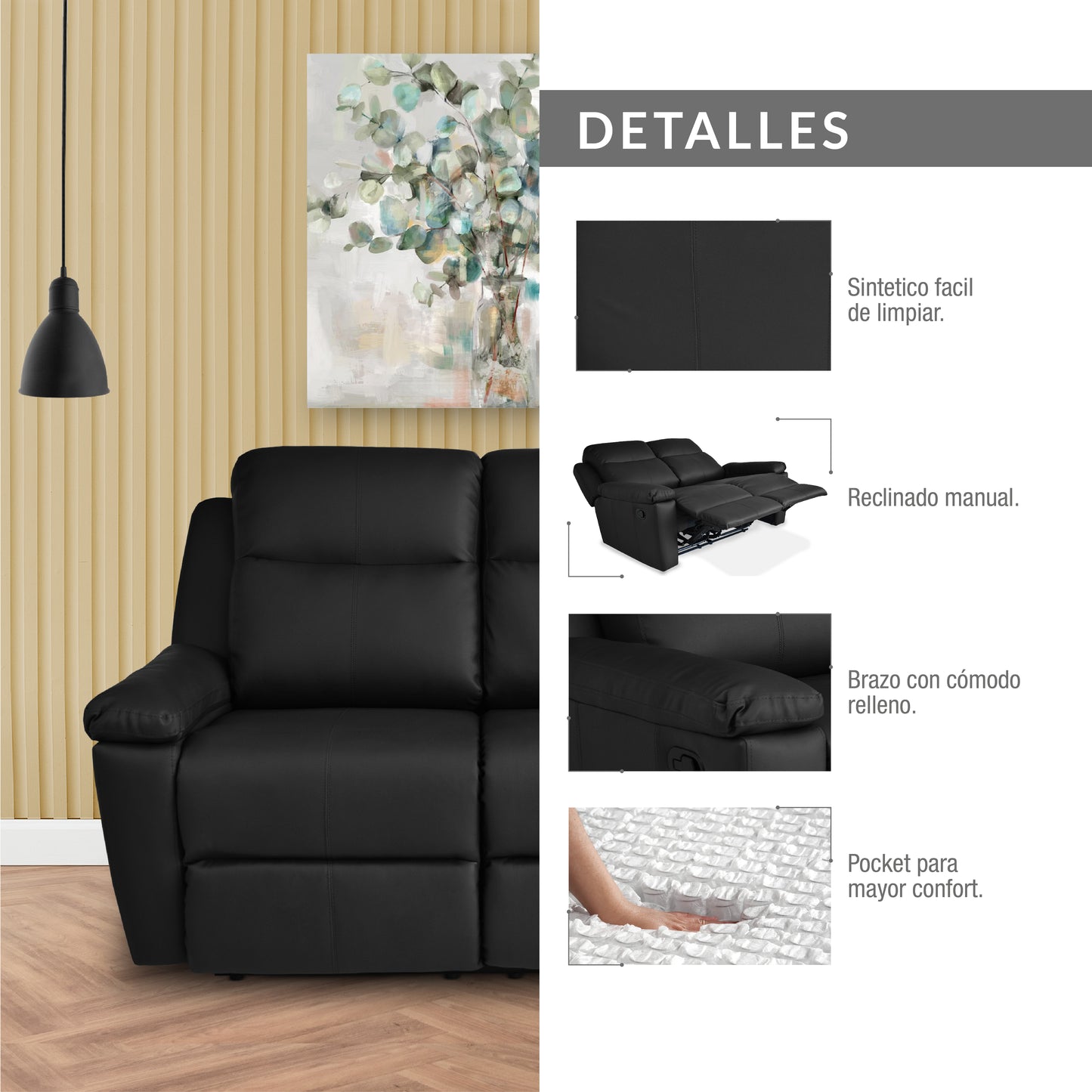 SOFA RECLINABLE MARSELLA 2 PUESTOS TIPO SINTETICO NEGRO
