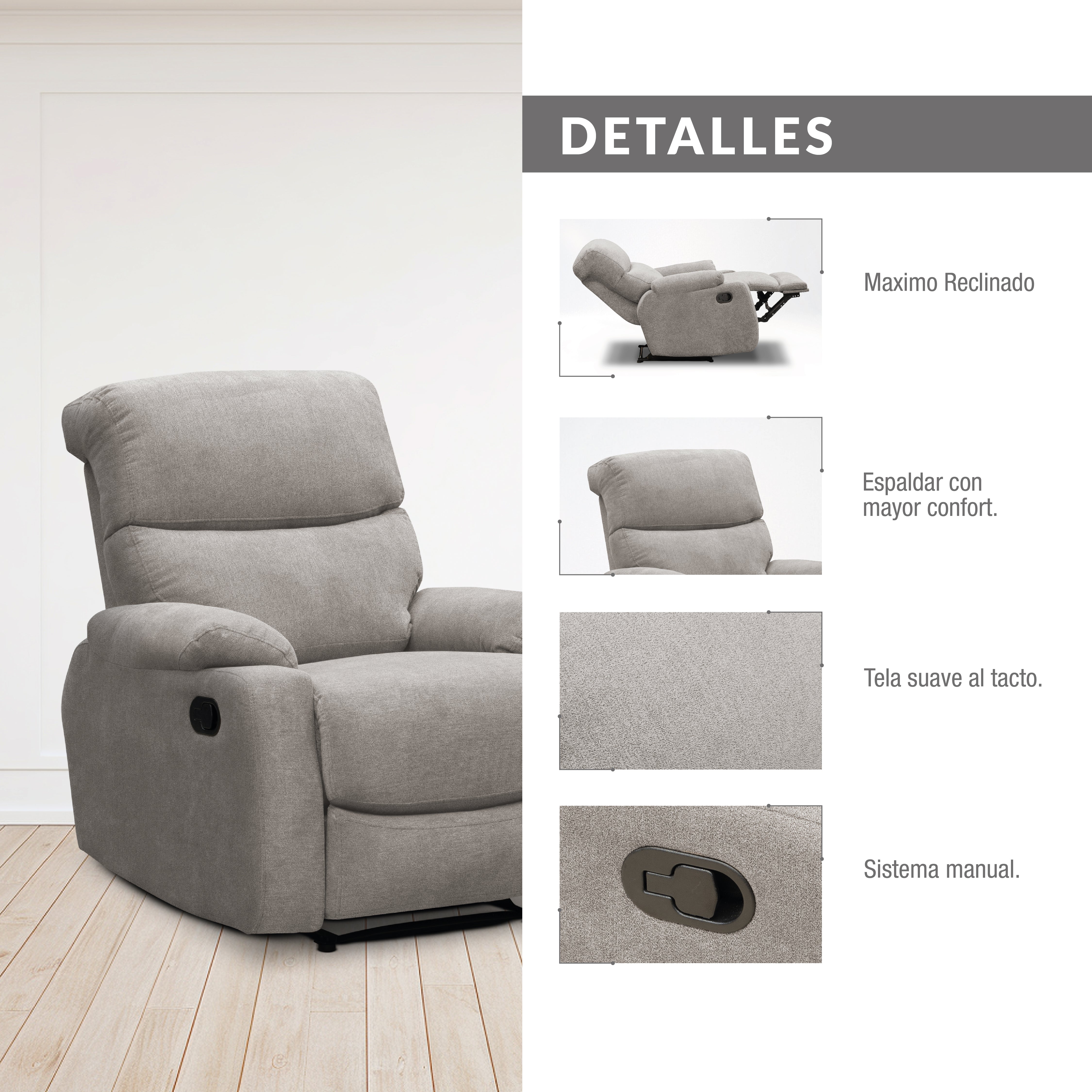Silla reclinable velara 1 puesto microfibra plata