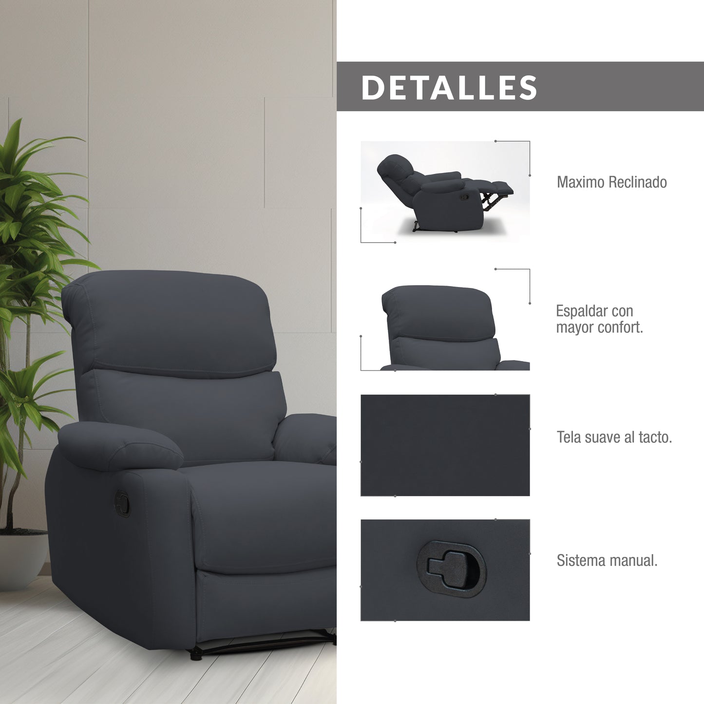 SILLA RECLINABLE VELARA 1 PUESTO TIPO SINTETICO NEGRO