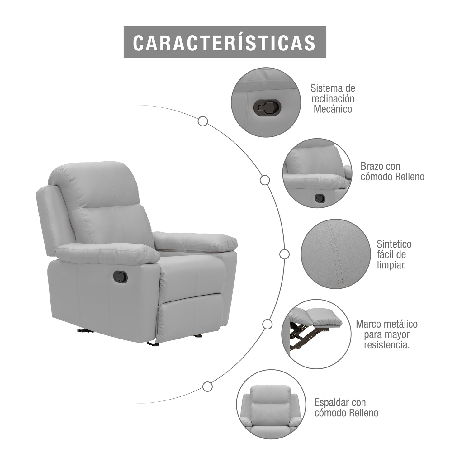 SILLA RECLINABLE ESTÁTICA MECEDORA MARSELLA SINTETICO GRIS CLARO