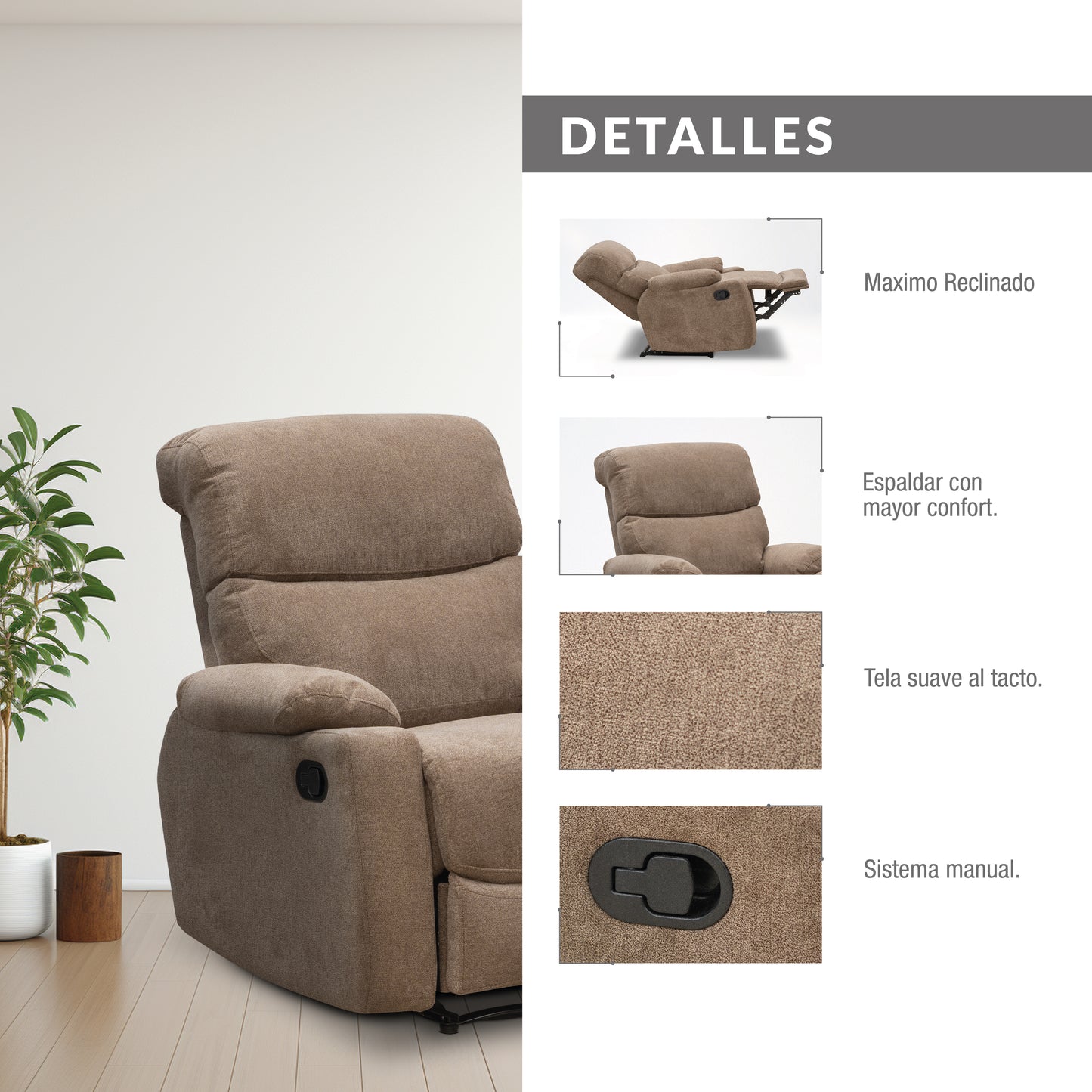 SILLA RECLINABLE VELARA 1 PUESTO MICROFIBRA TAUPE