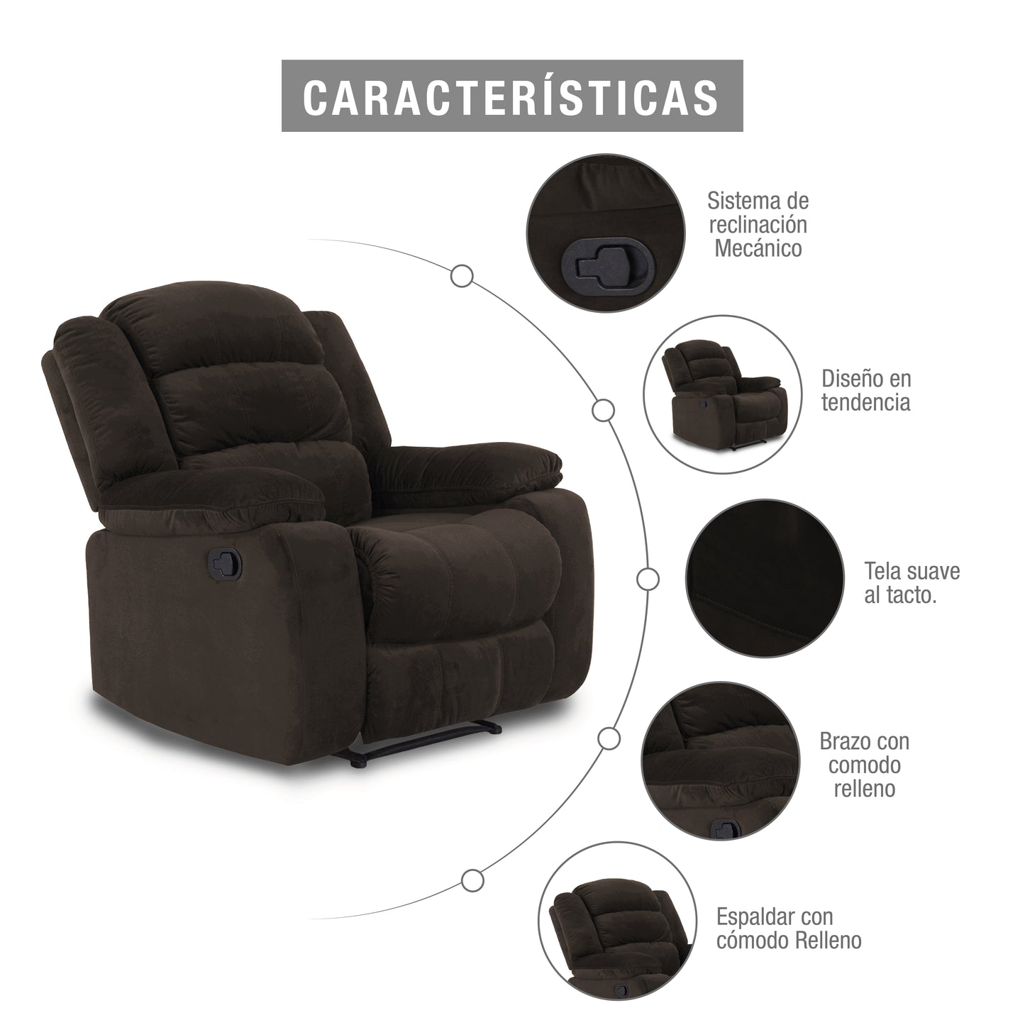 SILLA RECLINABLE DHAKA 1P ESTATICA MICROFIBRA CHOCOLATE