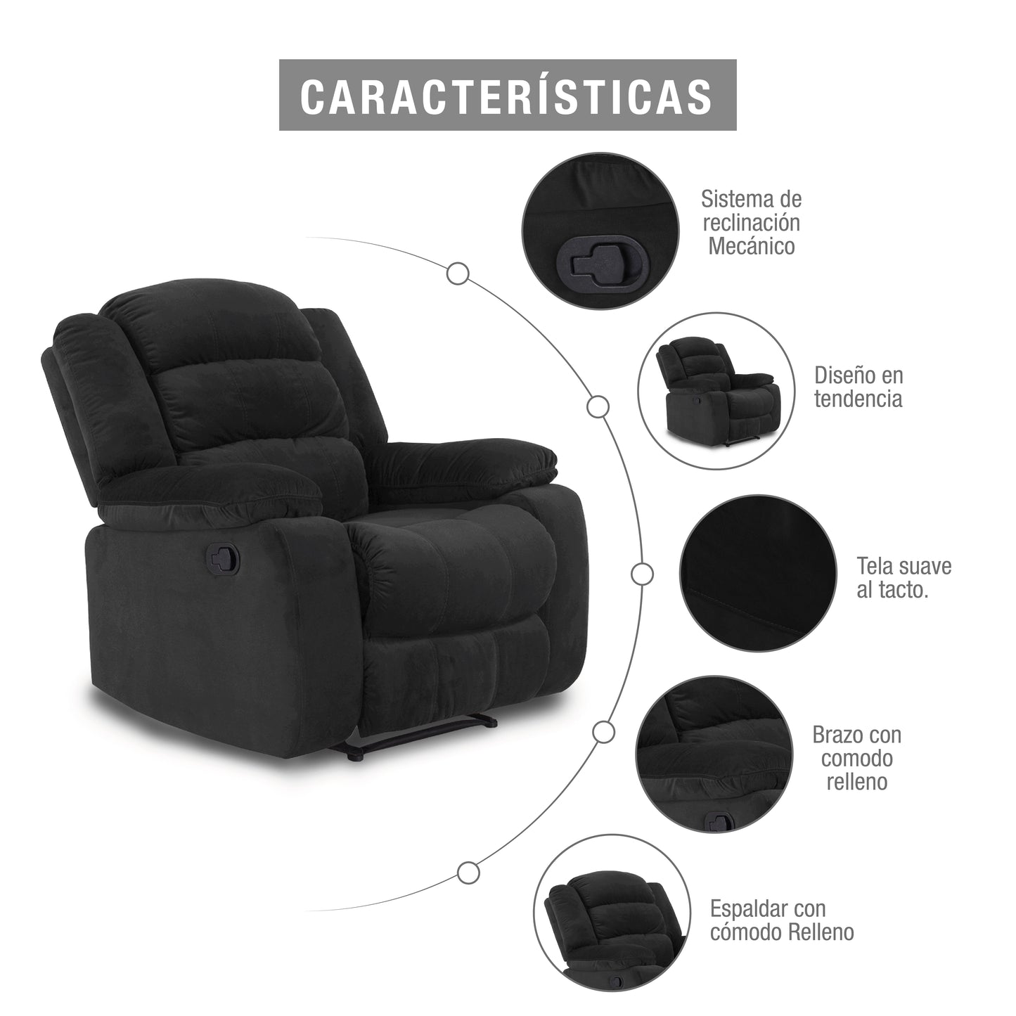 SILLA RECLINABLE DHAKA 1P ESTATICA MICROFIBRA NEGRO