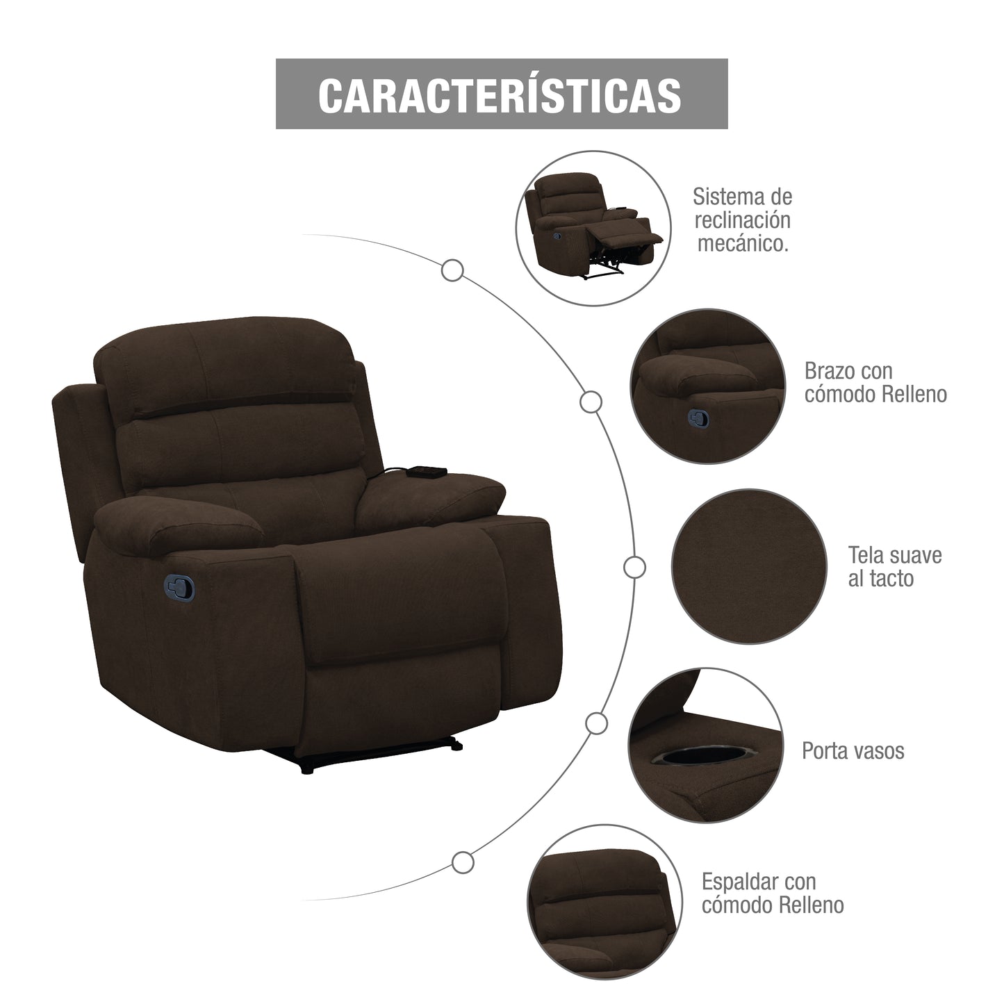 SILLA RECLINABLE ESTATICA HOUSTON CON MASAJE MICROFIBRA CHOCOLATE