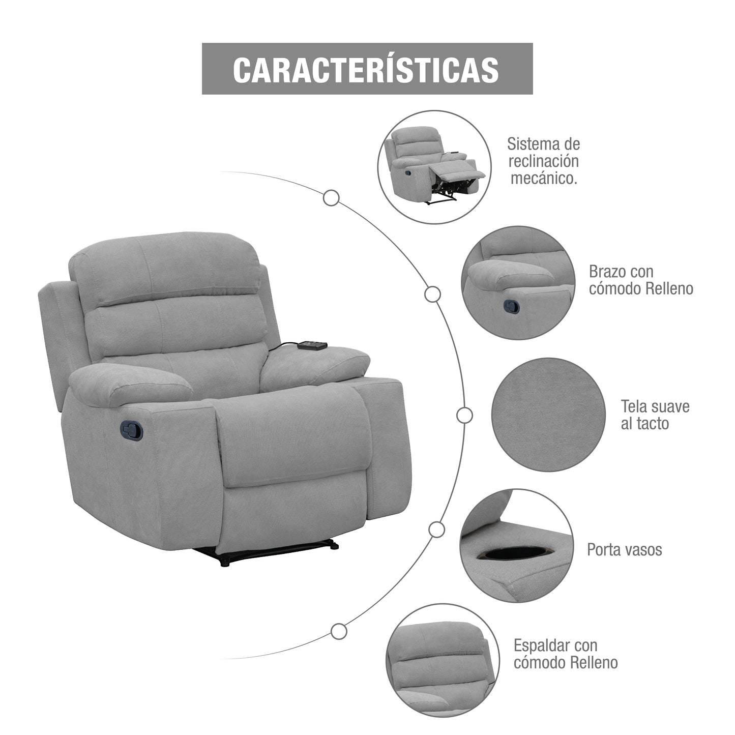 SILLA RECLINABLE ESTATICA HOUSTON CON MASAJE MICROFIBRA PLATA
