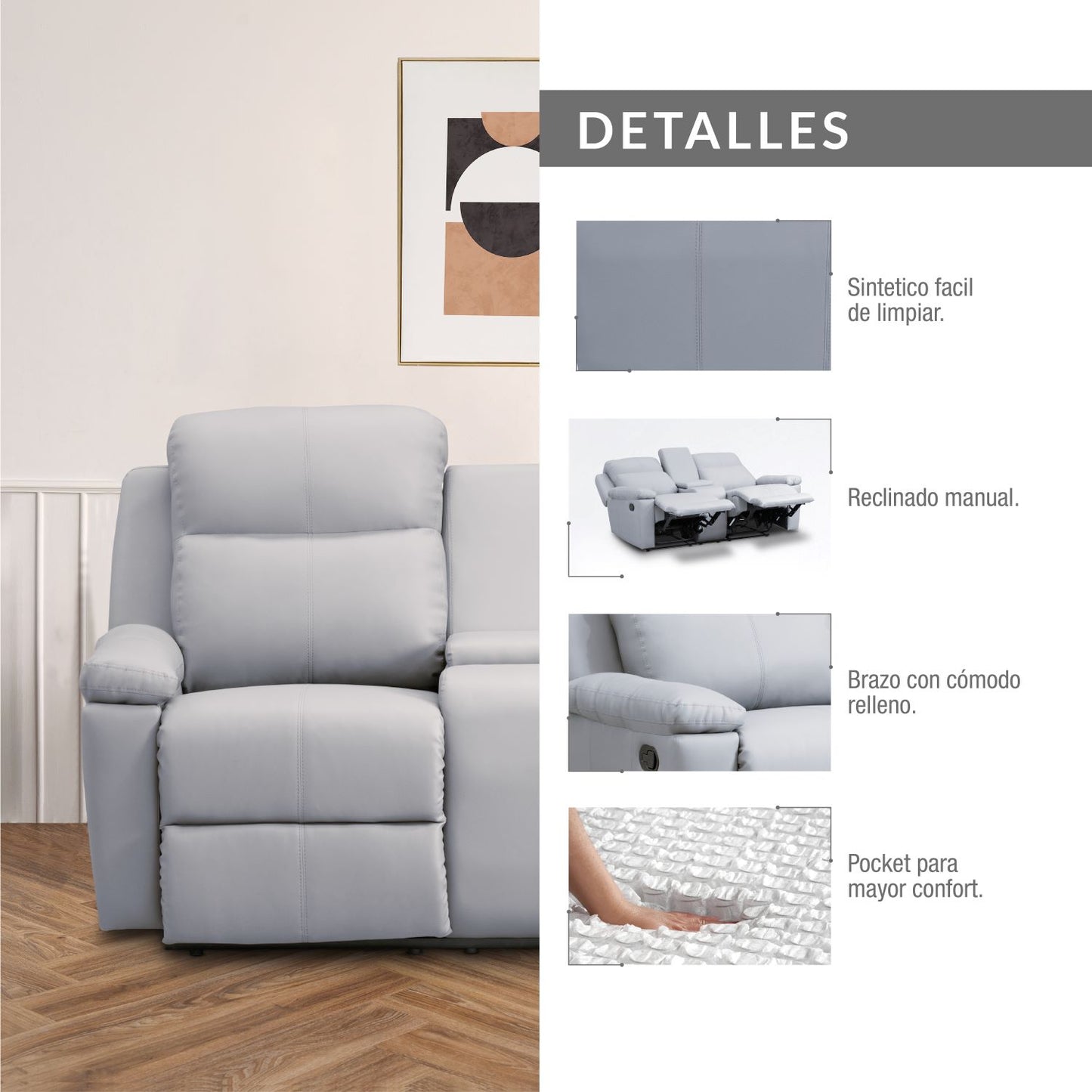 SOFÁ RECLINABLE CON CONSOLA MARSELLA 2 PUESTOS