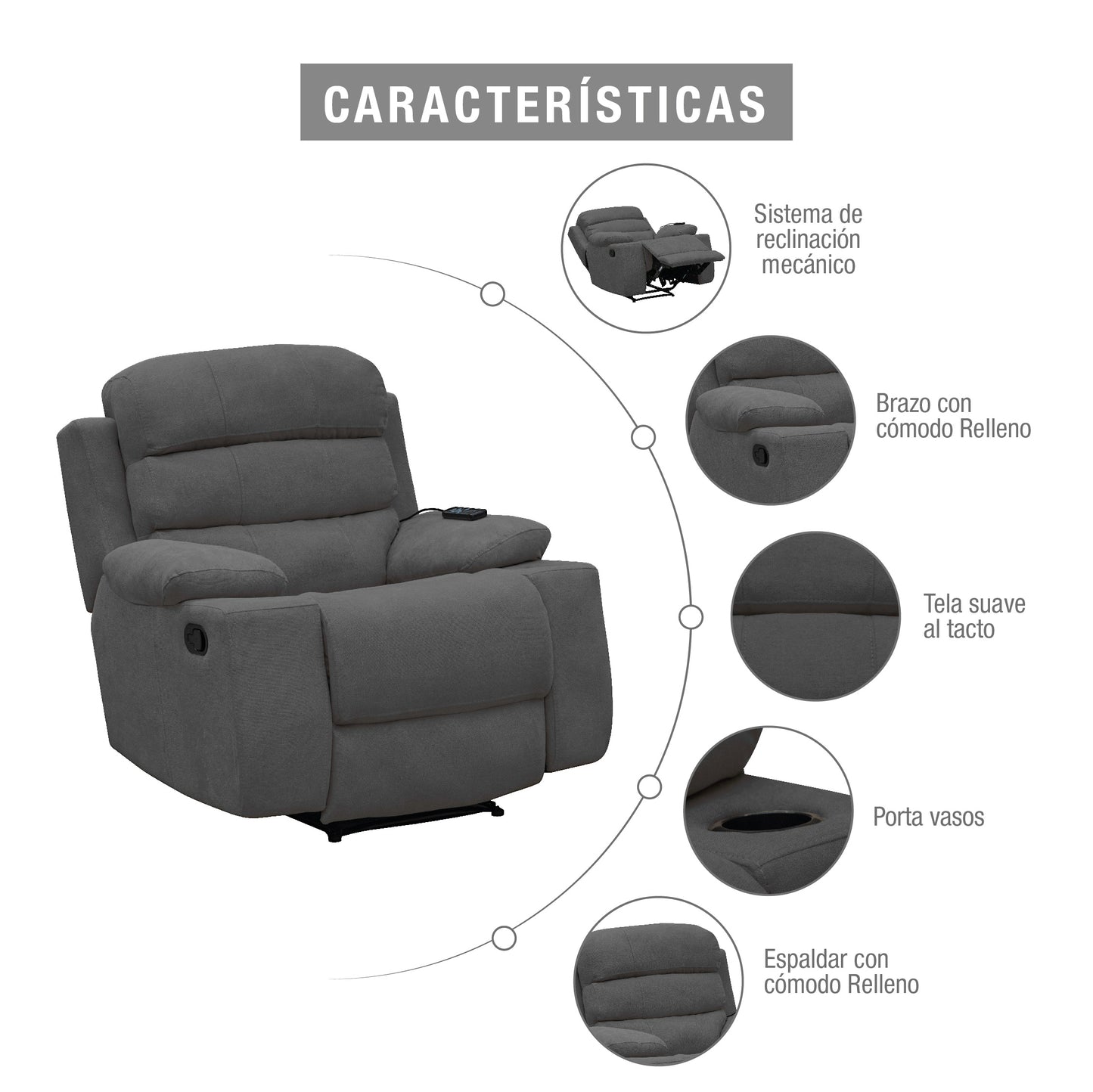 SILLA RECLINABLE ESTATICA HOUSTON CON MASAJE MICROFIBRA GRIS PLOMO