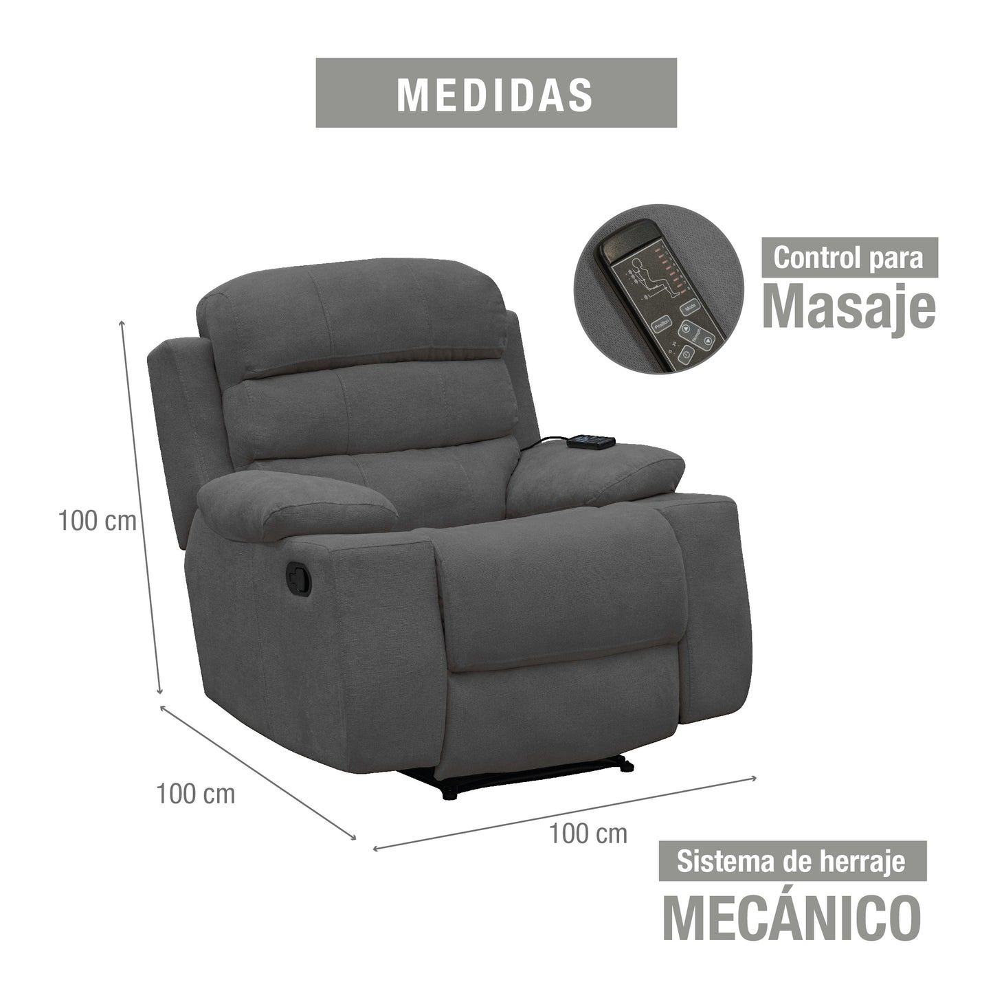 SILLA RECLINABLE ESTATICA HOUSTON CON MASAJE MICROFIBRA GRIS PLOMO