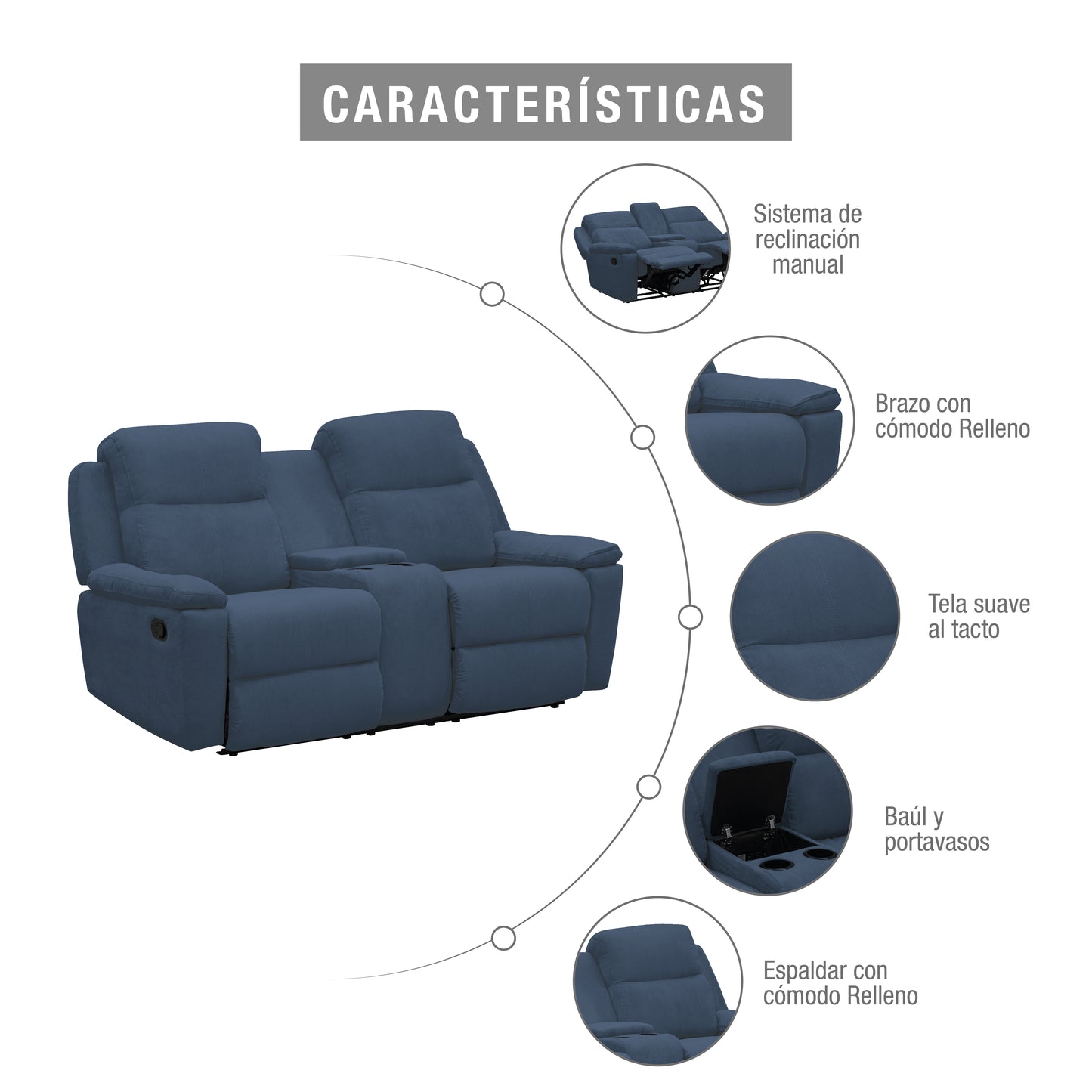 SOFA RECLINABLE CON CONSOLA MARSELLA 2 PUESTOS MICROFIBRA AZUL
