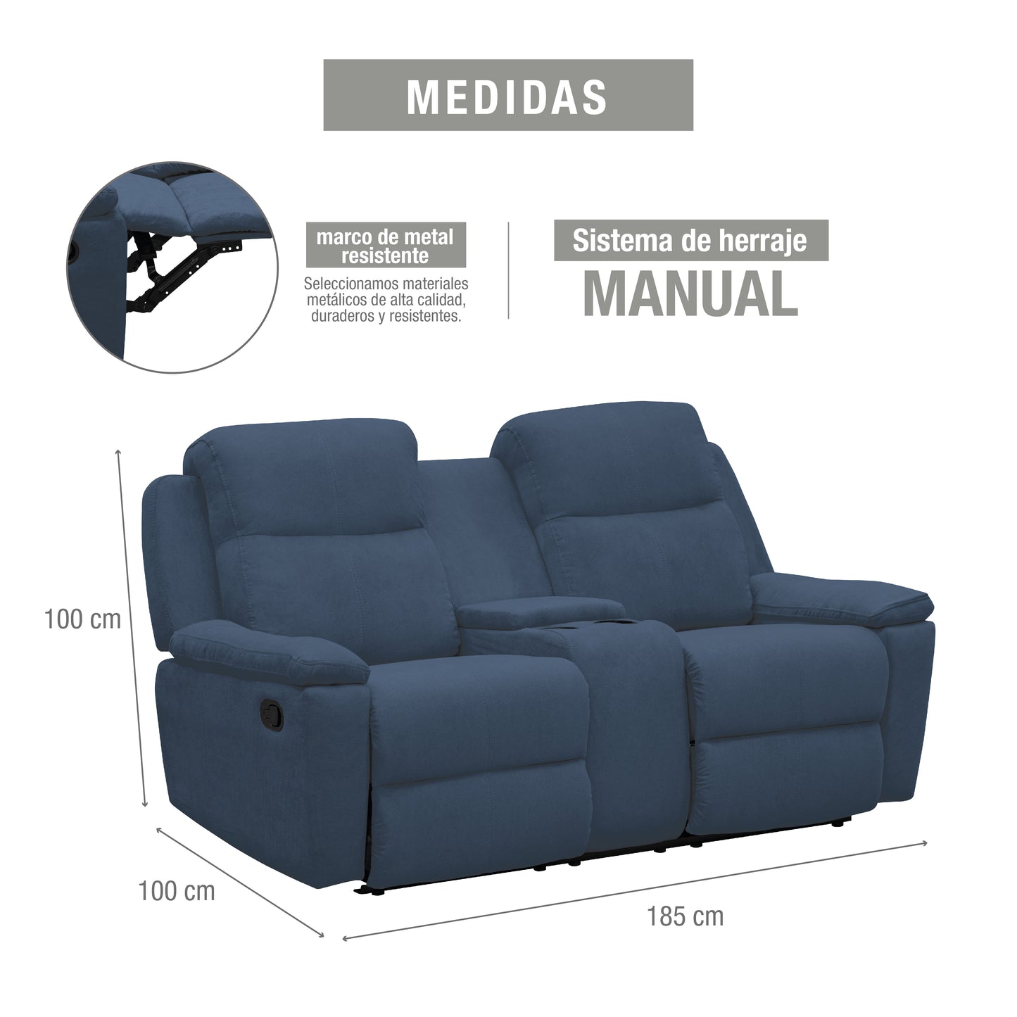 SOFA RECLINABLE CON CONSOLA MARSELLA 2 PUESTOS MICROFIBRA AZUL