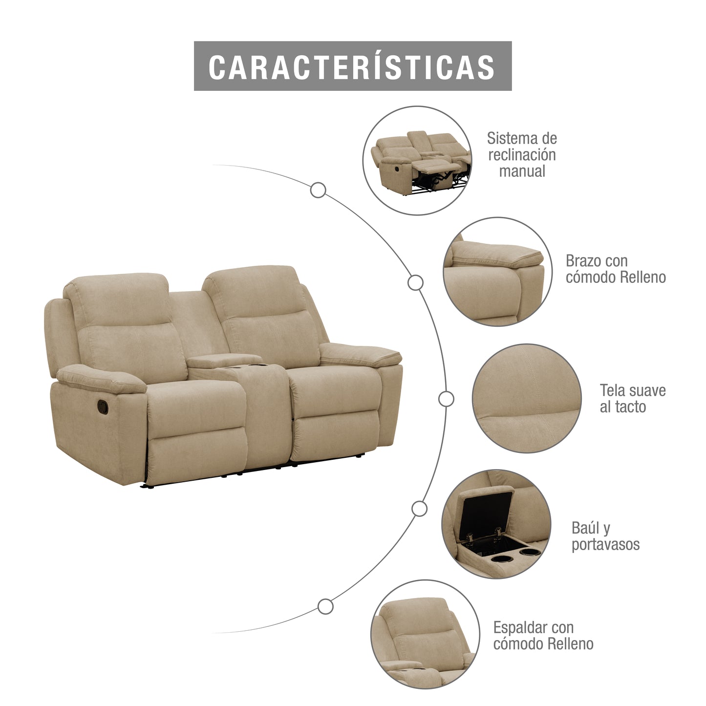 SOFÁ RECLINABLE CON CONSOLA MARSELLA 2 PUESTOS MICROFIBRA CAMEL
