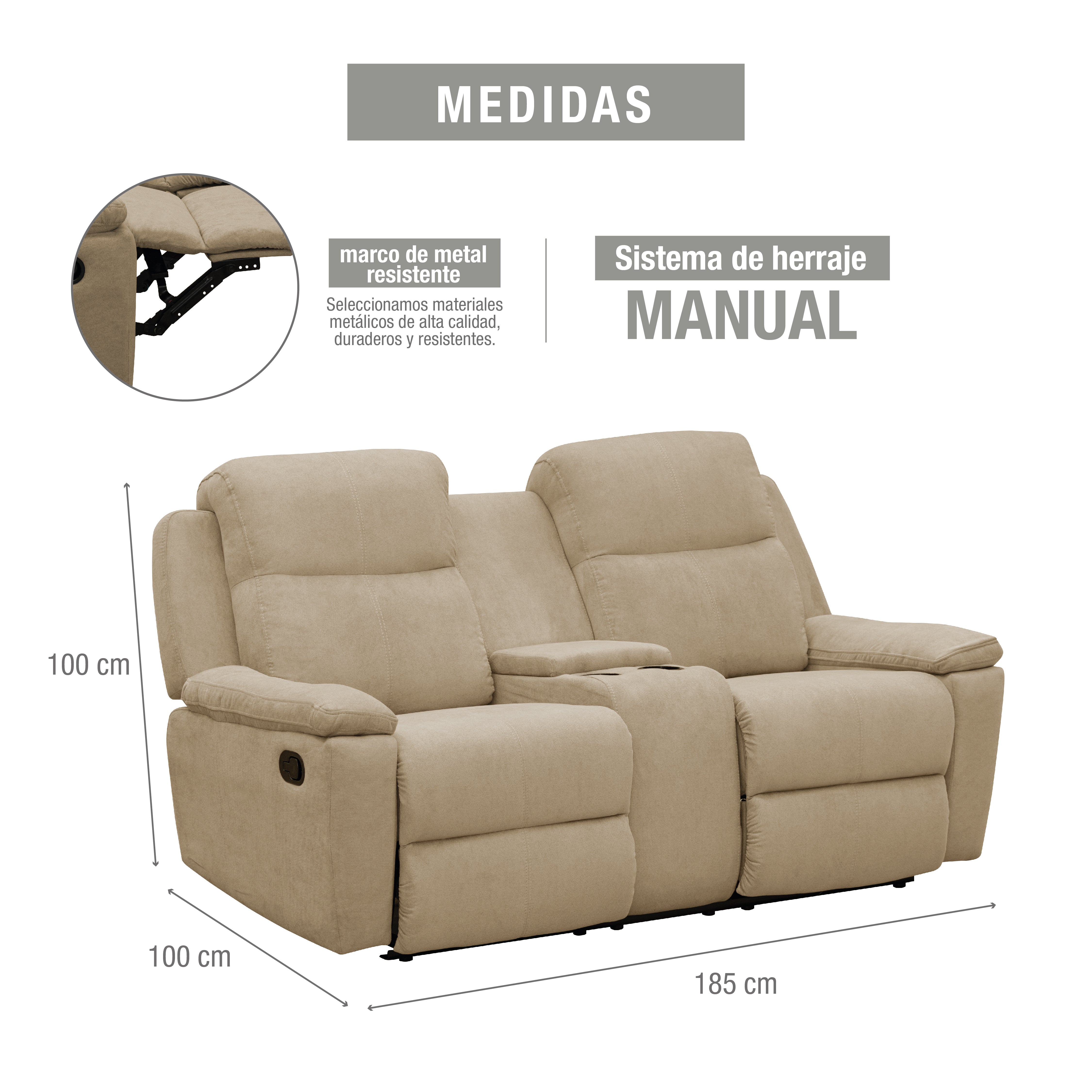 Sofá reclinable con consola marsella 2 puestos microfibra camel