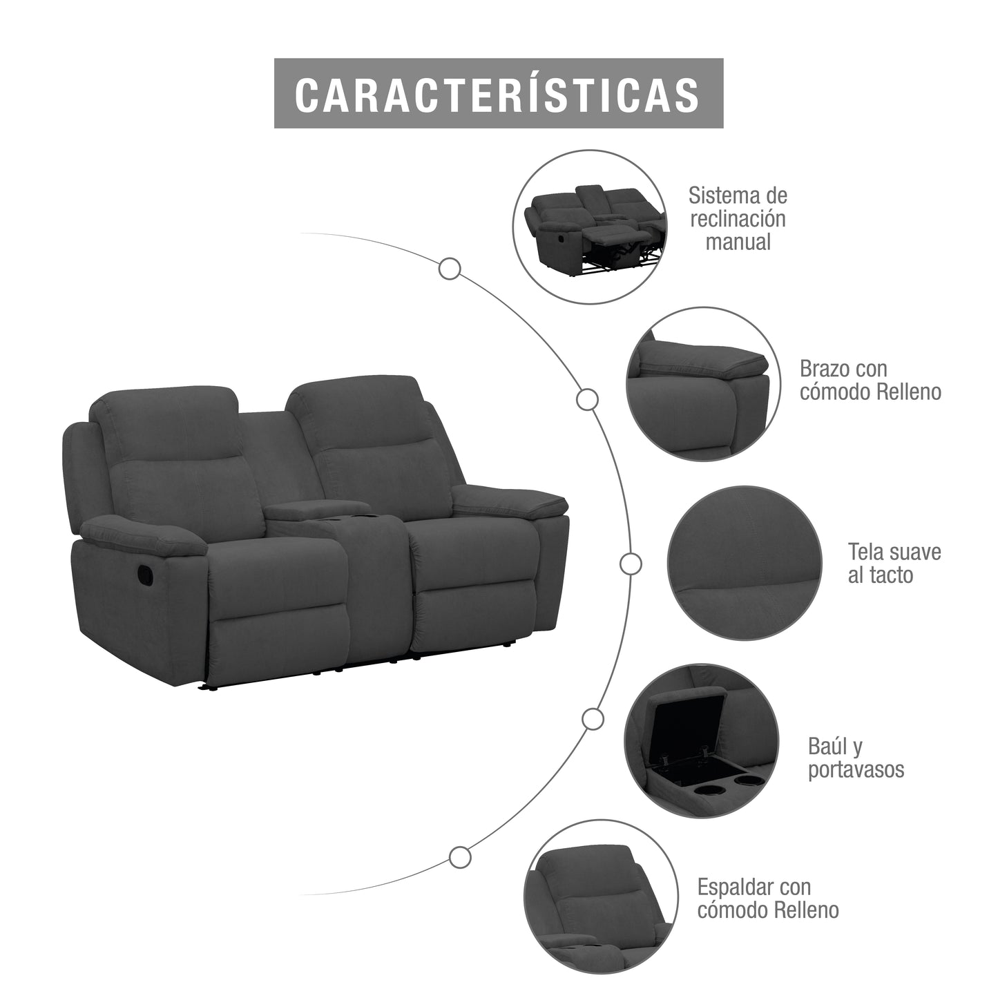 SOFA RECLINABLE CON CONSOLA MARSELLA MICROFIBRA GRIS