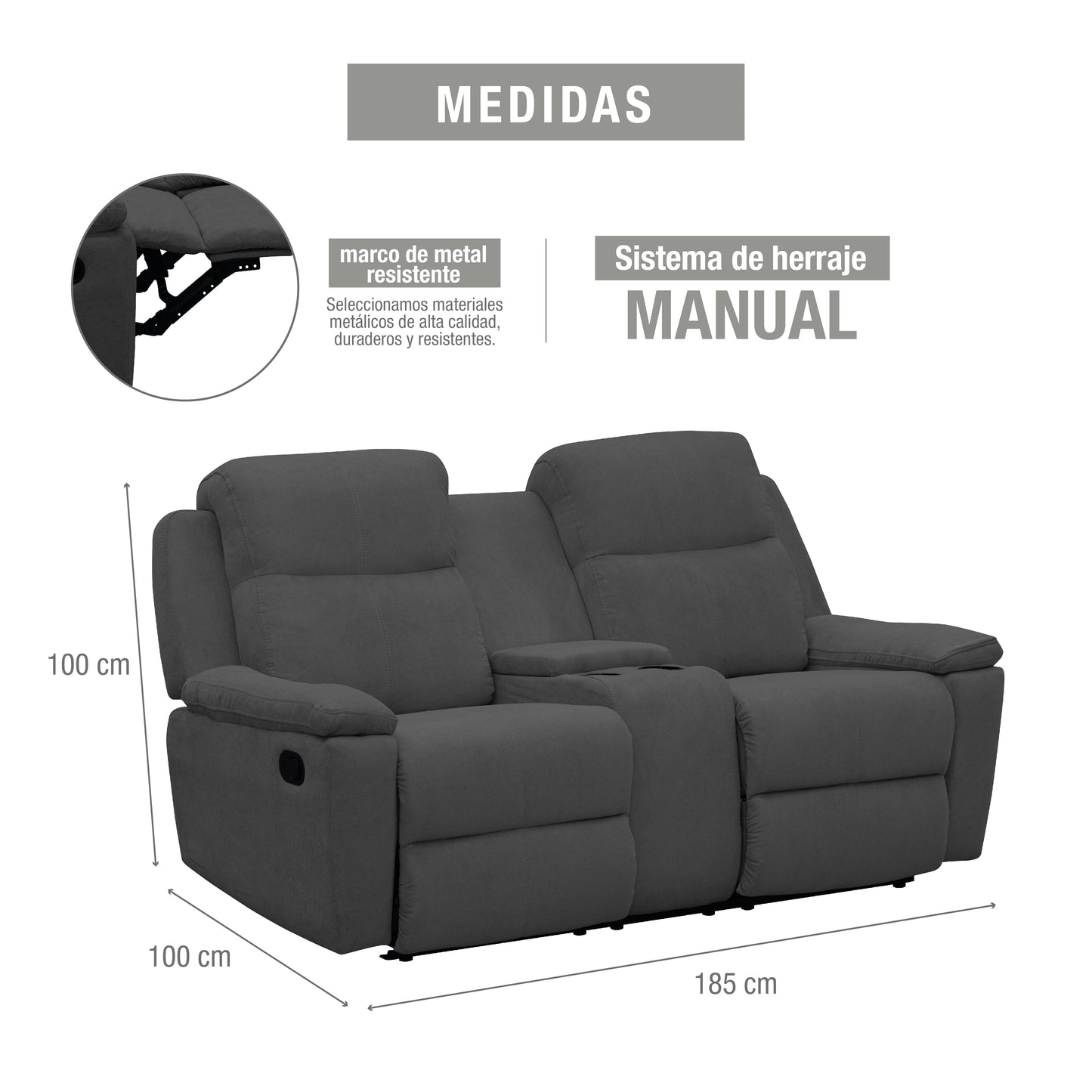 SOFA RECLINABLE CON CONSOLA MARSELLA MICROFIBRA GRIS