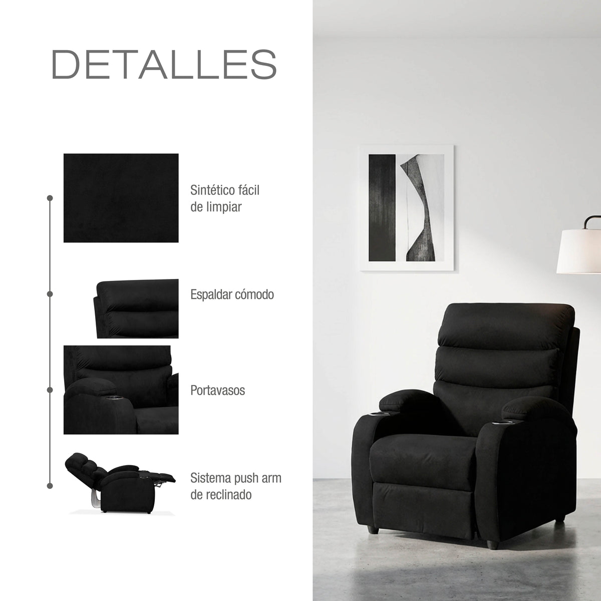 Silla reclinable trevi 1 puesto microfibra NEGRO