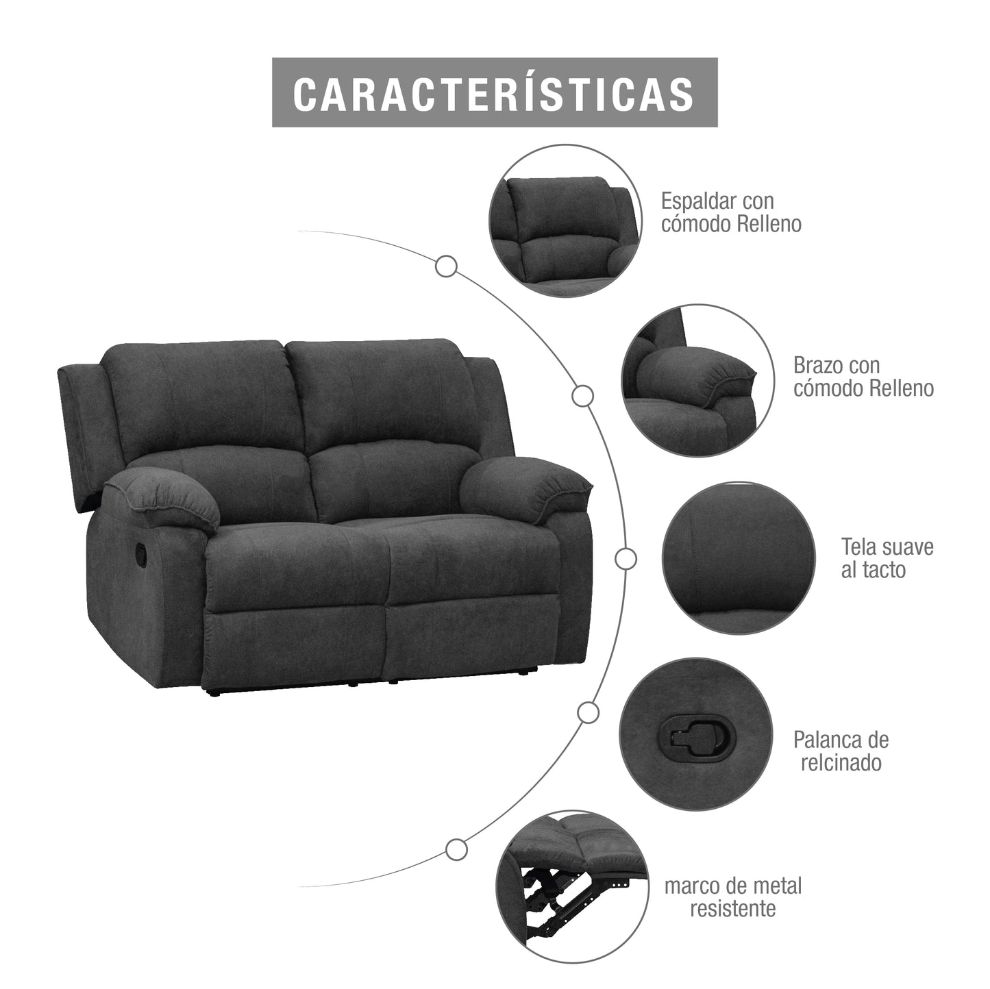 SOFA RECLINABLE TOKIO 2P MICROFIBRA GRIS PLOMO