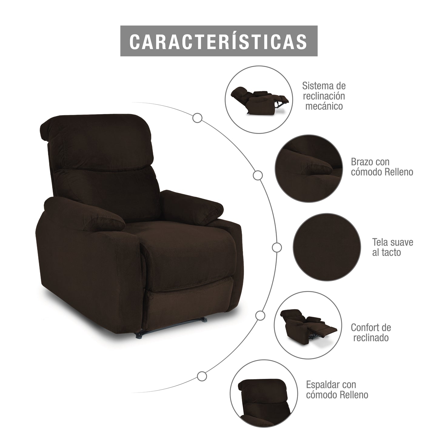 SILLA RECLINABLE VELARA 1 PUESTO MICROFIBRA CHOCOLATE