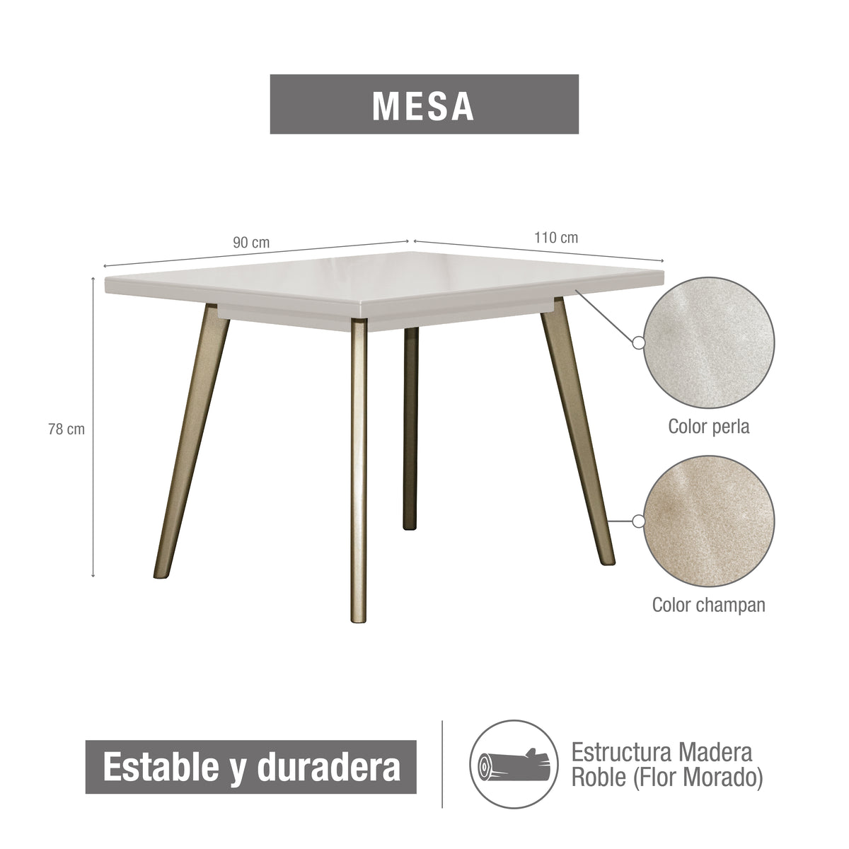Comedor 4 puestos regina perla-champaña microfibra crudo