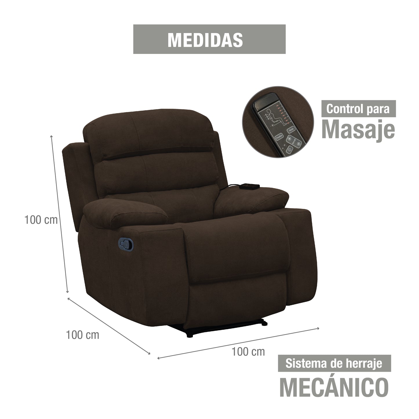 SILLA RECLINABLE ESTATICA HOUSTON CON MASAJE MICROFIBRA CHOCOLATE