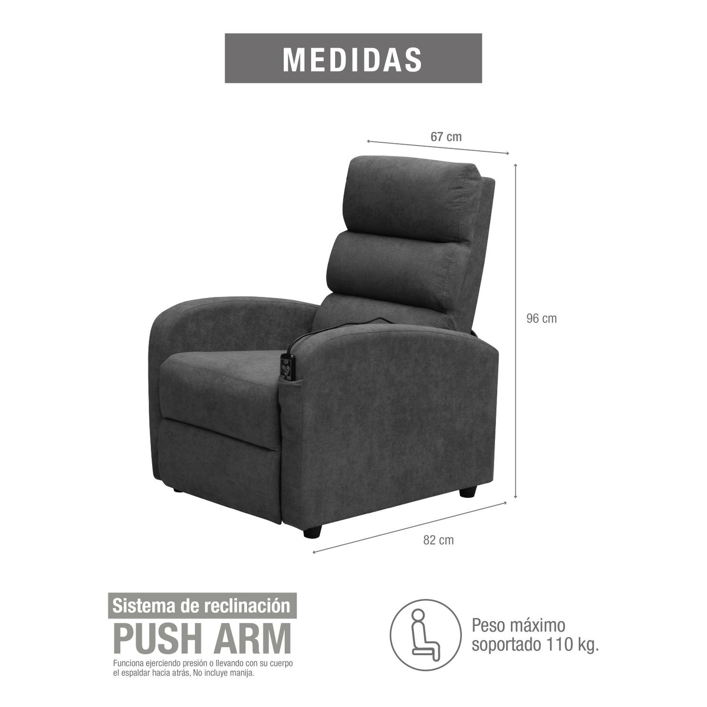 SILLA RECLINABLE ESTATICA CON MASAJE KLEIN 1 PUESTO MICROFIBRA GRIS PLOMO