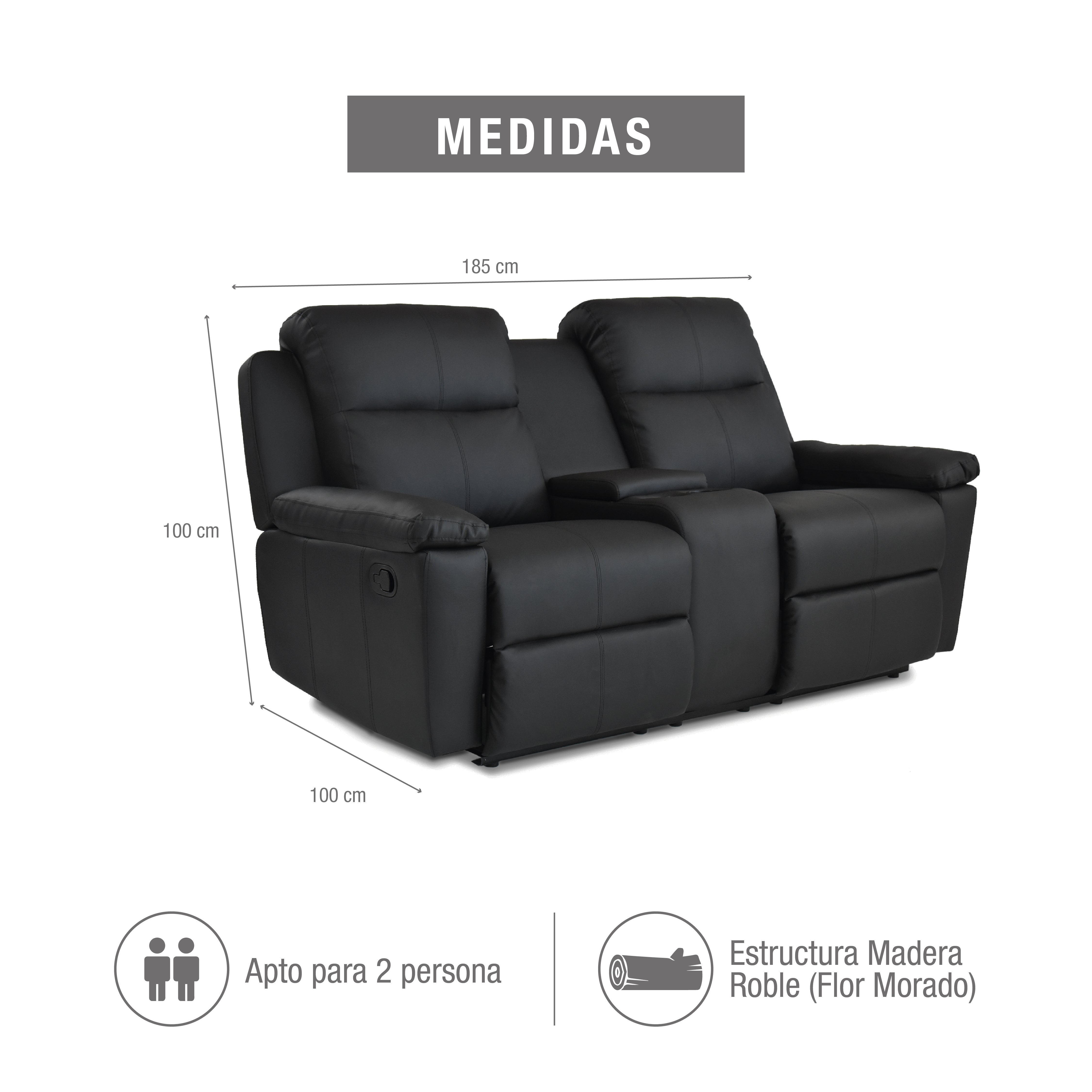 Sofá reclinable con consola marsella 2 puestos sintético negro