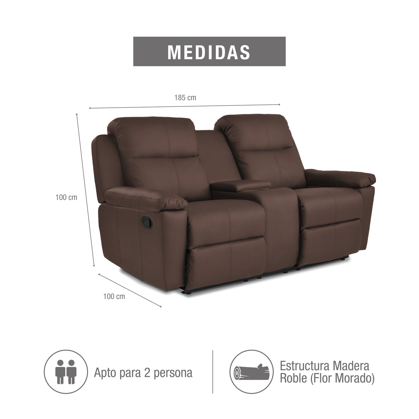 SOFA RECLINABLE CON CONSOLA MARSELLA 2 PUESTOS SINTETICO CHOCOLATE