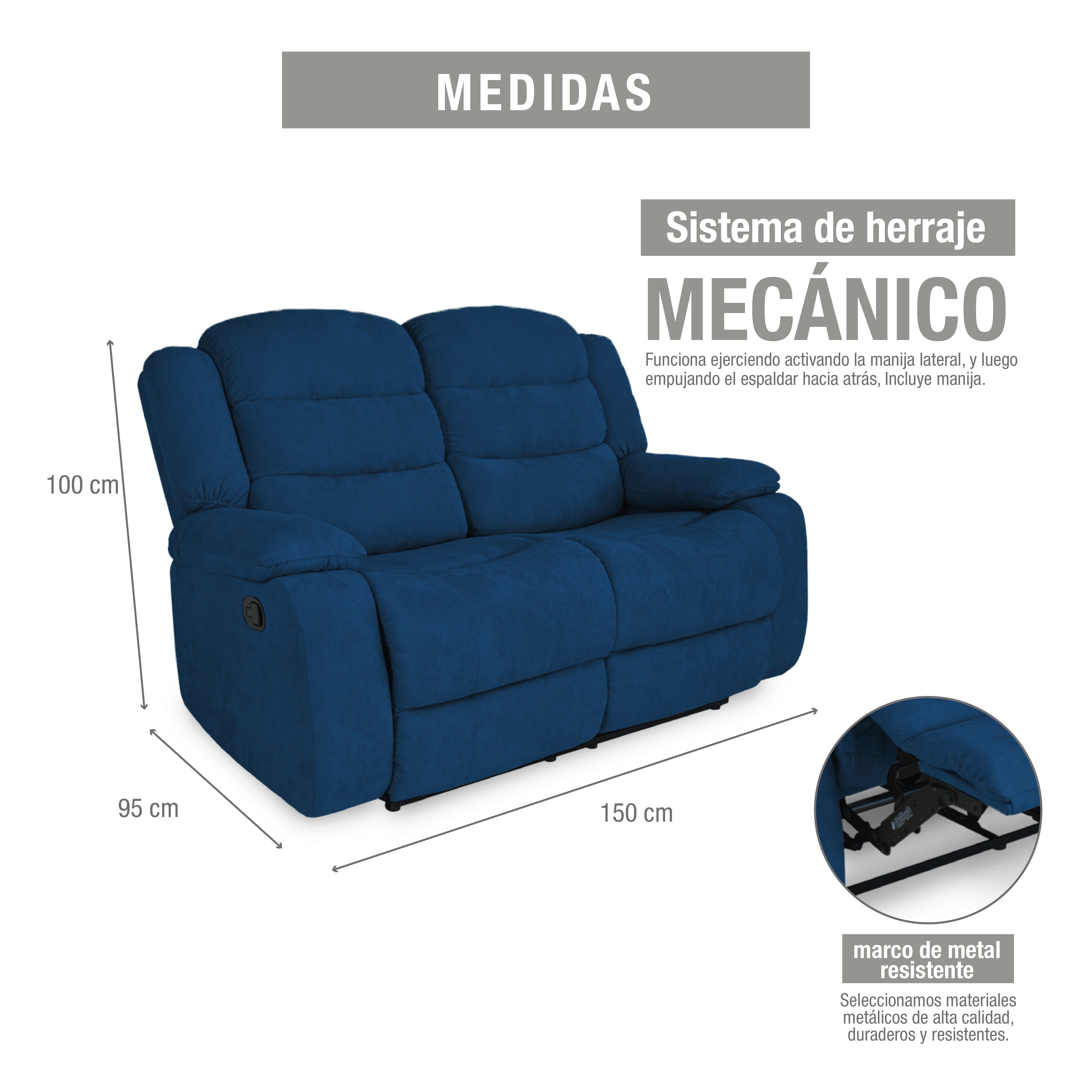 Sofá reclinable grand 2 puestos microfibra azul