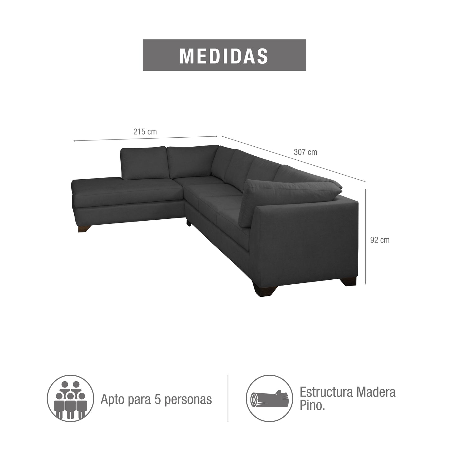 SOFÁ EN L SOFIA IZQUIERDA MICROFIBRA GRIS PLOMO
