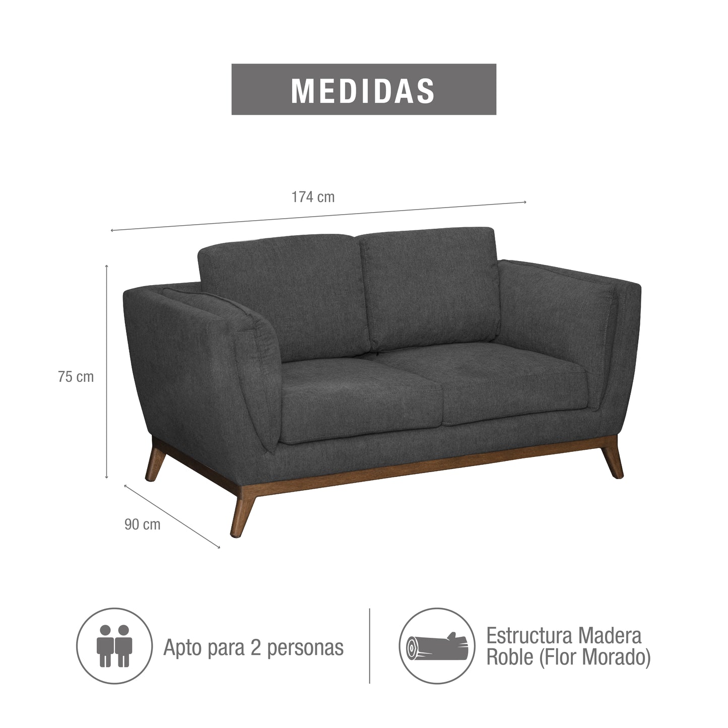 SOFÁ 2 PUESTOS CARACAS MICROFIBRA GRIS PLOMO