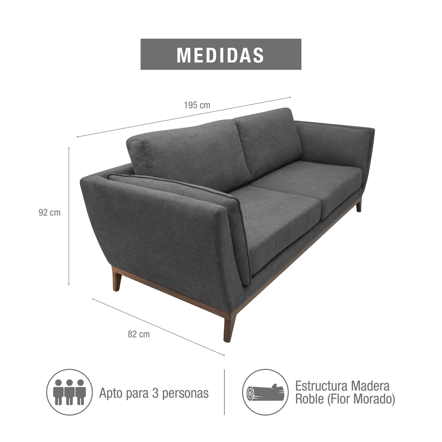SOFÁ 3 PUESTOS CARACAS MICROFIBRA GRIS PLOMO
