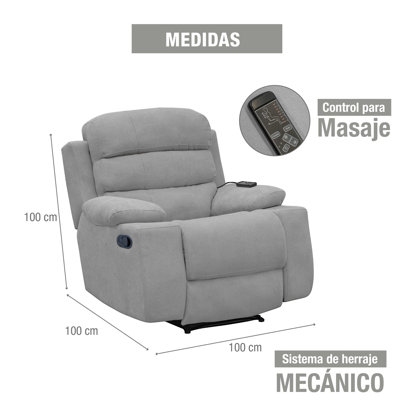SILLA RECLINABLE ESTATICA HOUSTON CON MASAJE MICROFIBRA PLATA