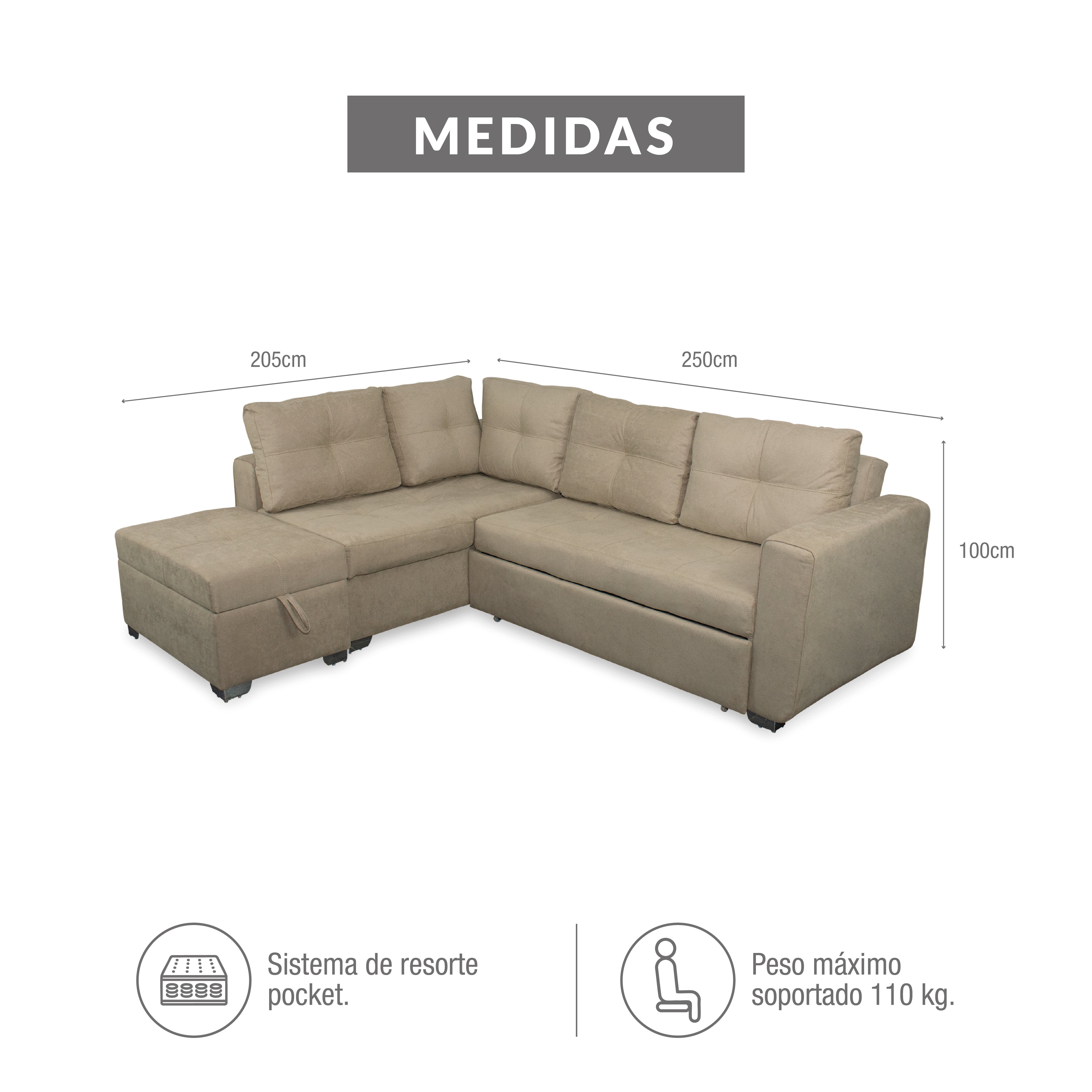 Sala rinconera prime con puff en microfibra camel