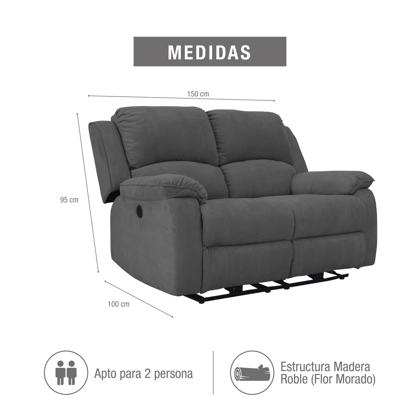 SOFA REC BROOKLYN 2 PTOS ESTATICO USB MICROFIBRA GRIS PLOMO